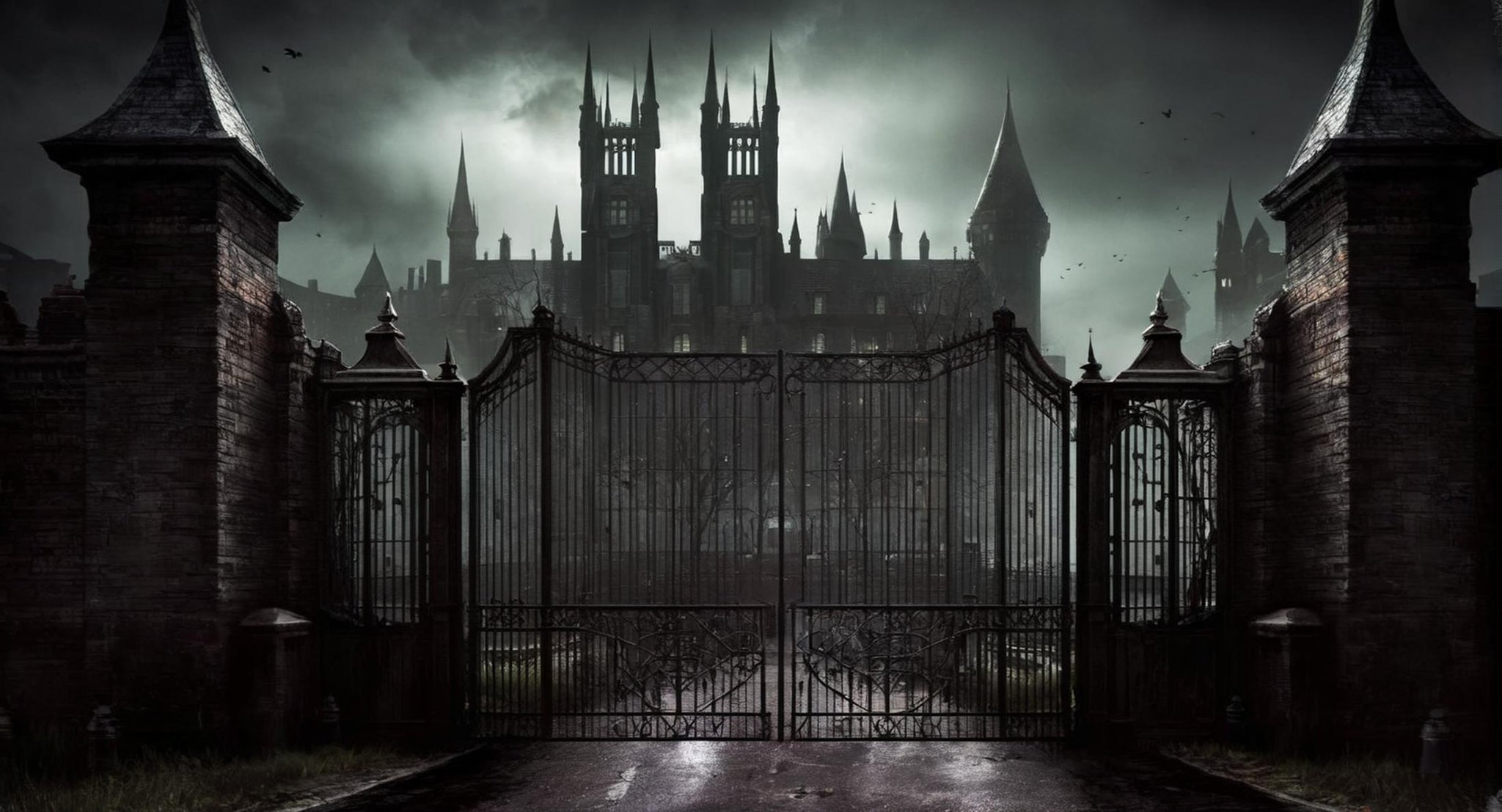 Dark Fantasy Art of  <lora:Gotham City:1.2>Gotham City a gate with a arkham asylum in the background, dark, moody, dark fantasy style