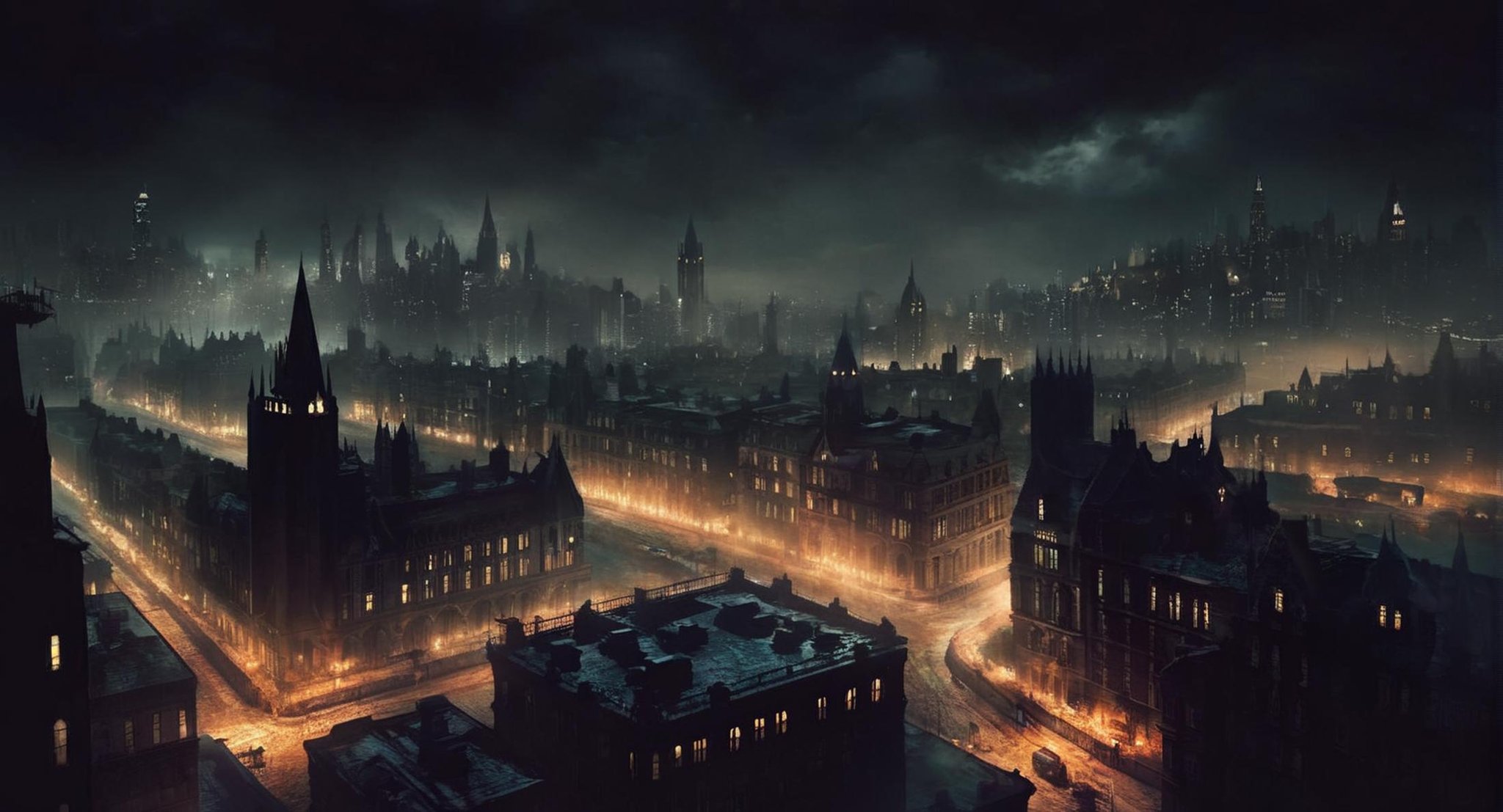 Dark Fantasy Art of  <lora:Gotham City:1.2>Gotham City a city at night with a lot of lights, dark, moody, dark fantasy style