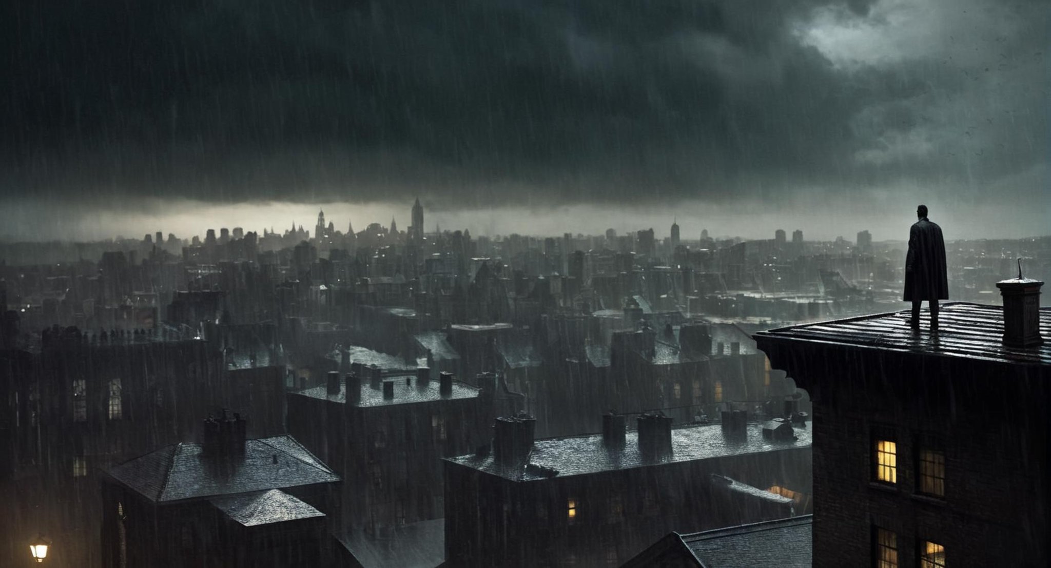 Dark Fantasy Art of  <lora:Gotham City:1.2>Gotham City a man standing on top of a roof in the rain, dark, moody, dark fantasy style