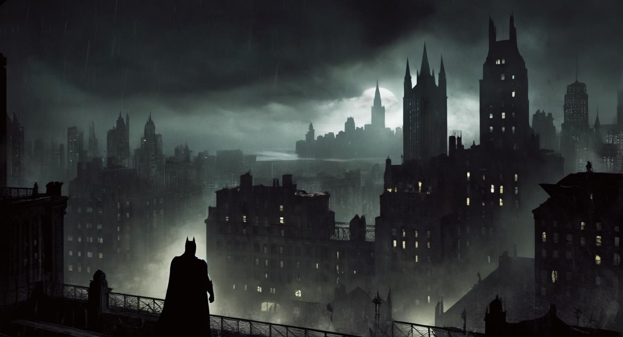 Dark Fantasy Art of  <lora:Gotham City:1.2>Gotham City a batman scene with a city in the background, dark, moody, dark fantasy style