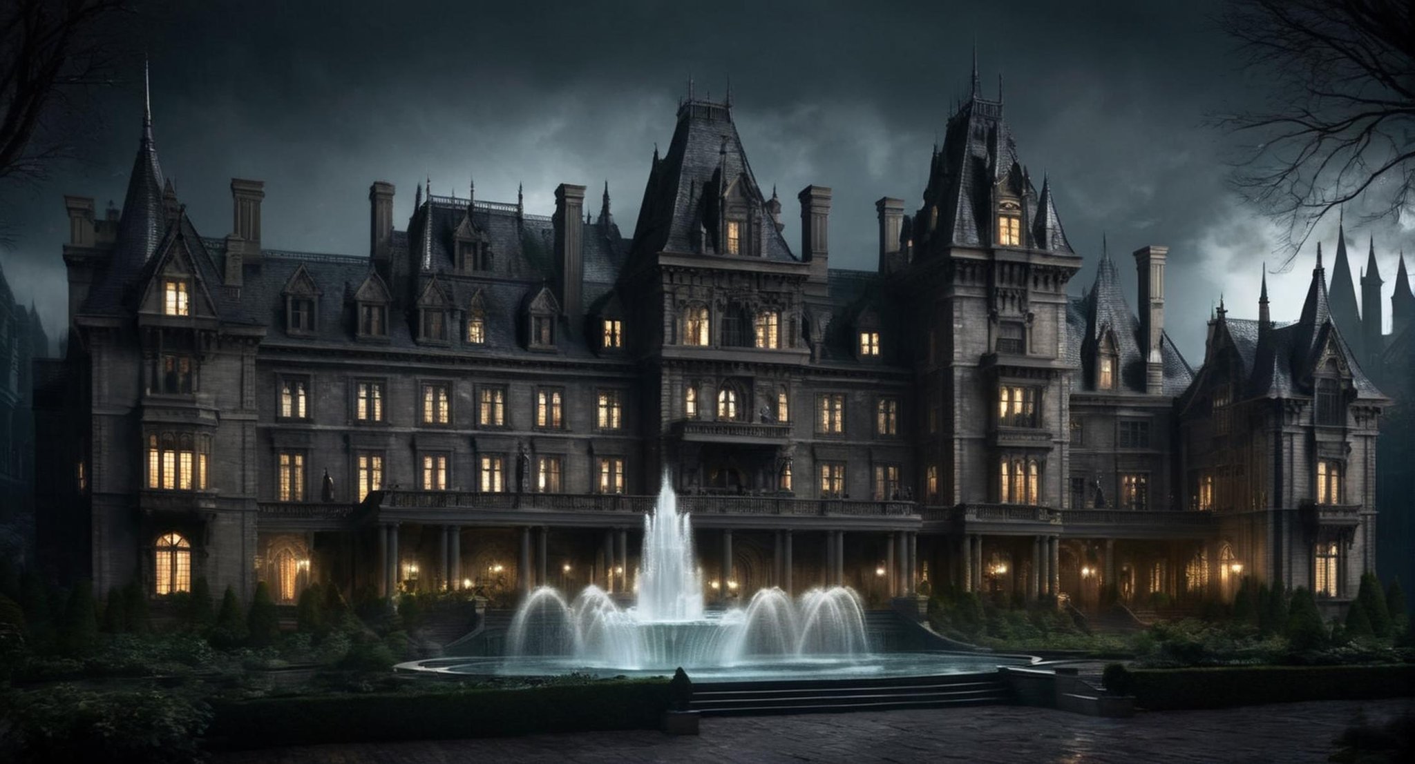 Dark Fantasy Art of  <lora:Gotham City:1.2>Gotham City Wayne Manor a large castle with a fountain in front of it, dark, moody, dark fantasy style