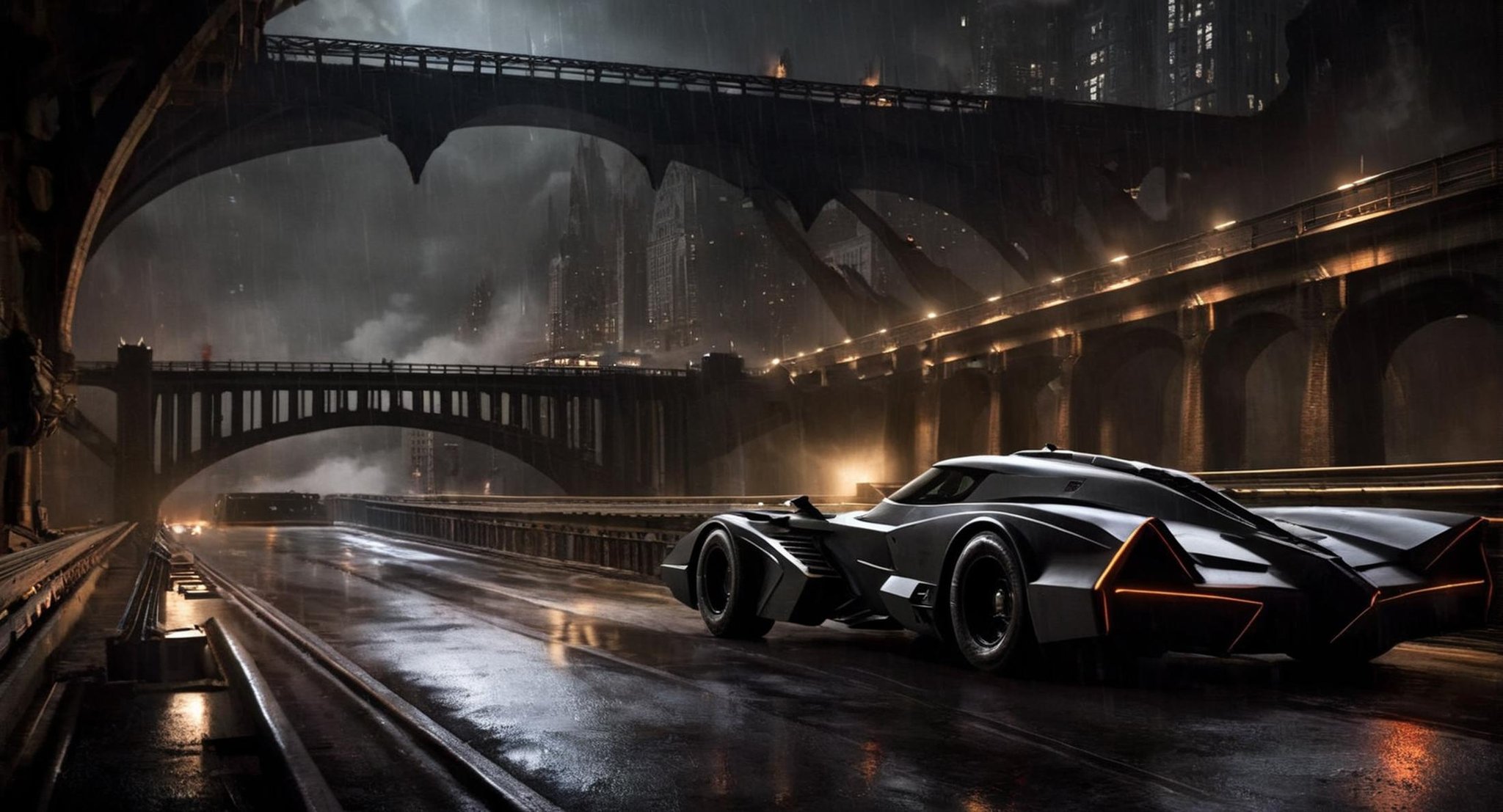 Dark Fantasy Art of  <lora:Gotham City:1.2>Gotham City a batmobile on a bridge inside batcave, dark, moody, dark fantasy style