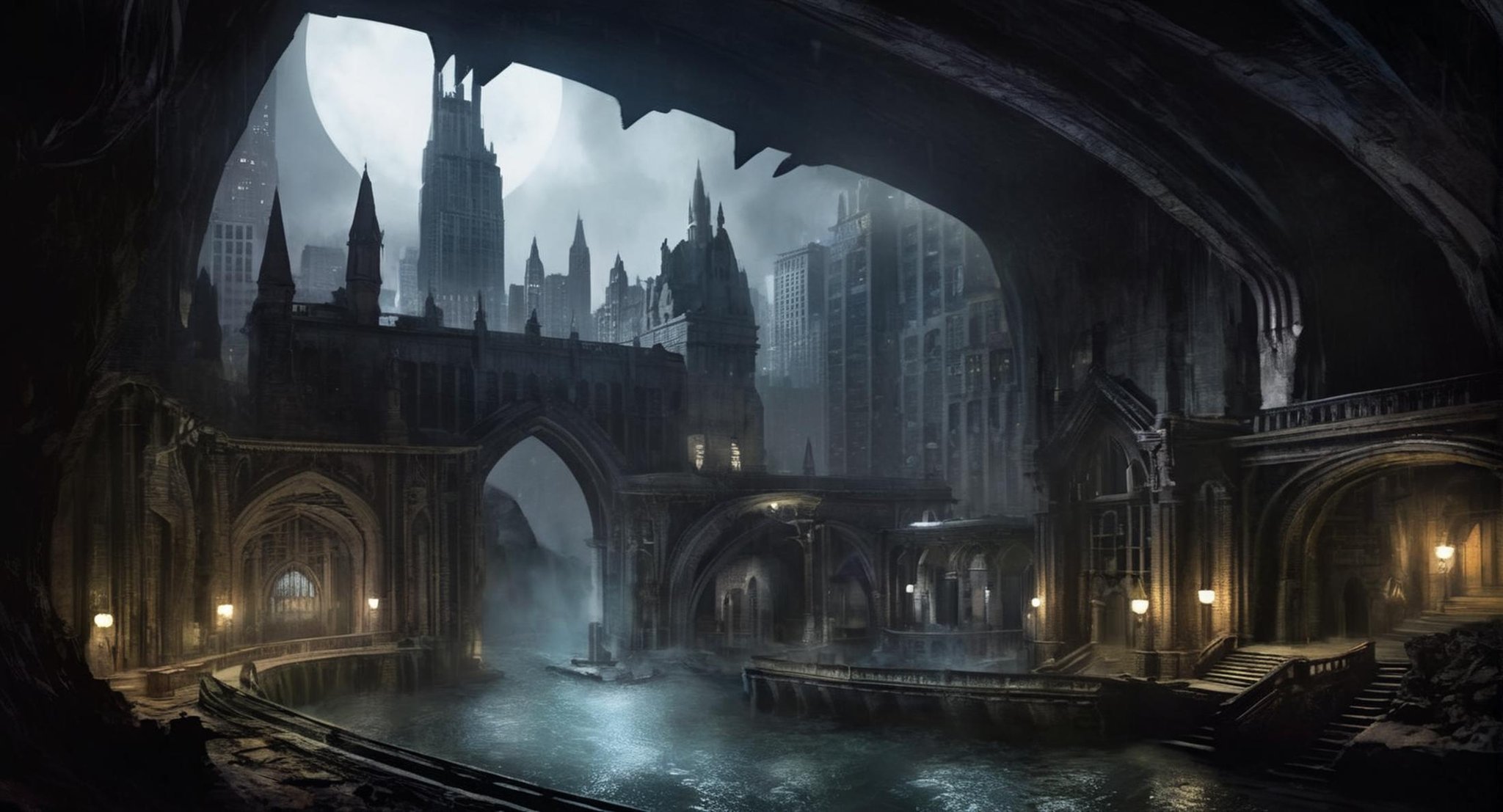 concept art of  <lora:Gotham City:1.2>Gotham City a gothic view of the batcave, digital artwork, illustrative, painterly, matte painting, highly detailed