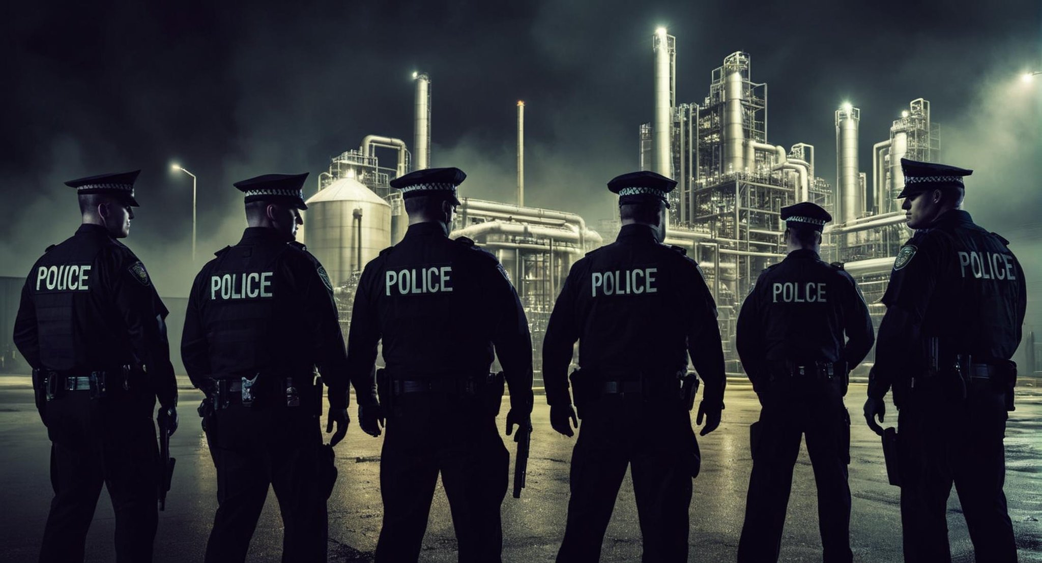 Dark Fantasy Art of  <lora:Gotham City:1.2>Gotham City a group of police officers standing in front of Ace Chemical Processing Plant building, dark, moody, dark fantasy style