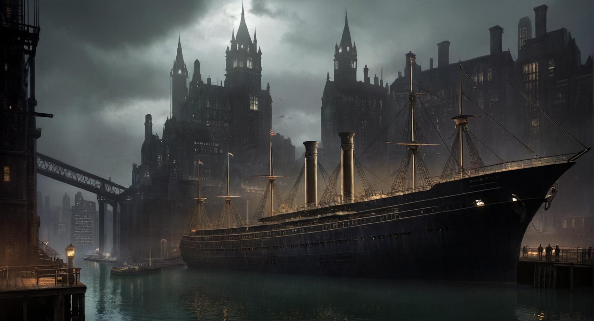 Dark Fantasy Art of  <lora:Gotham City:1.2>Gotham City a large ship is docked at a dock, dark, moody, dark fantasy style