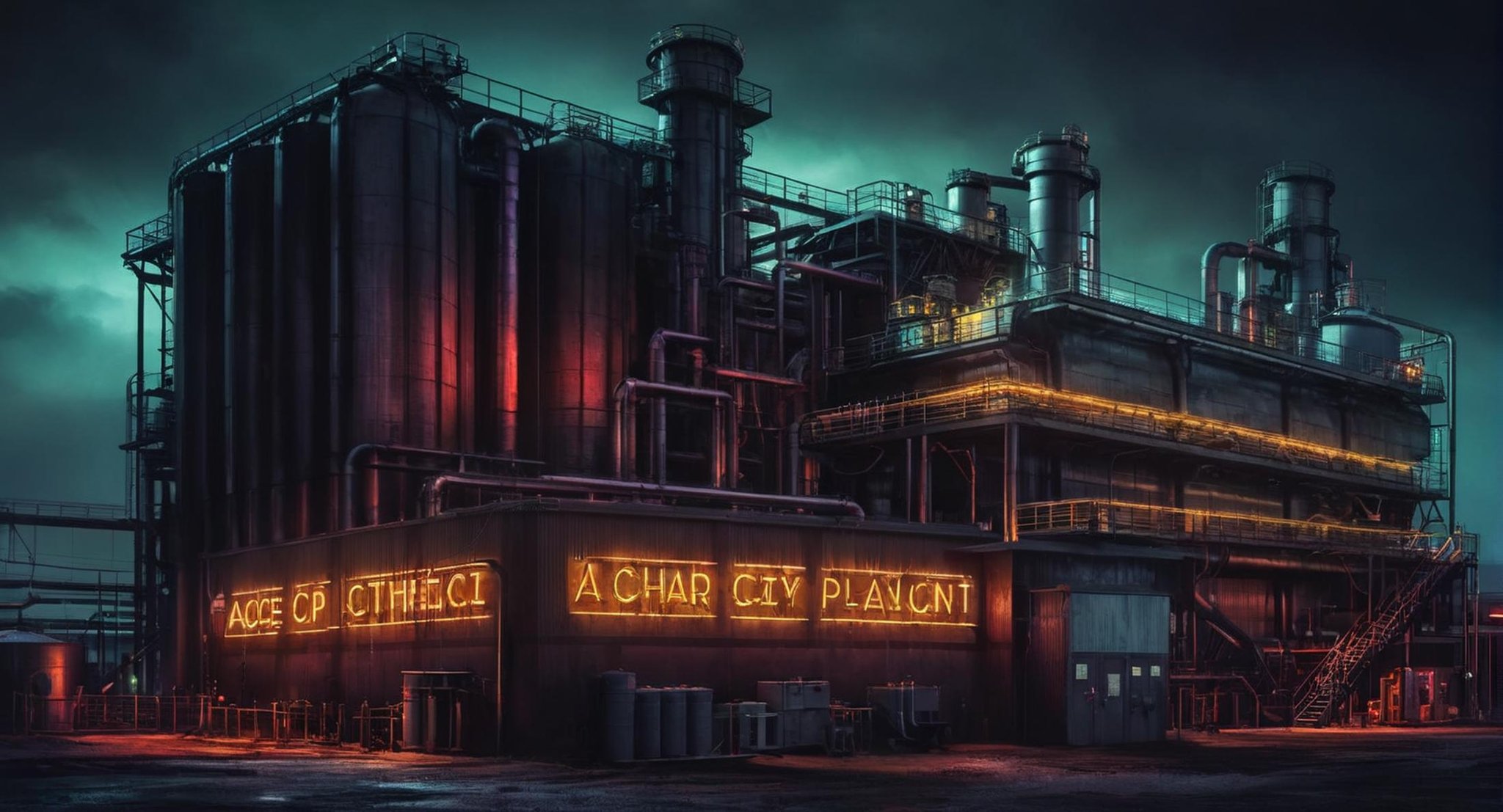 Dark Fantasy Art of  <lora:Gotham City:1.2>Gotham City Ace Chemical Processing Plant a building with a neon sign on it, dark, moody, dark fantasy style