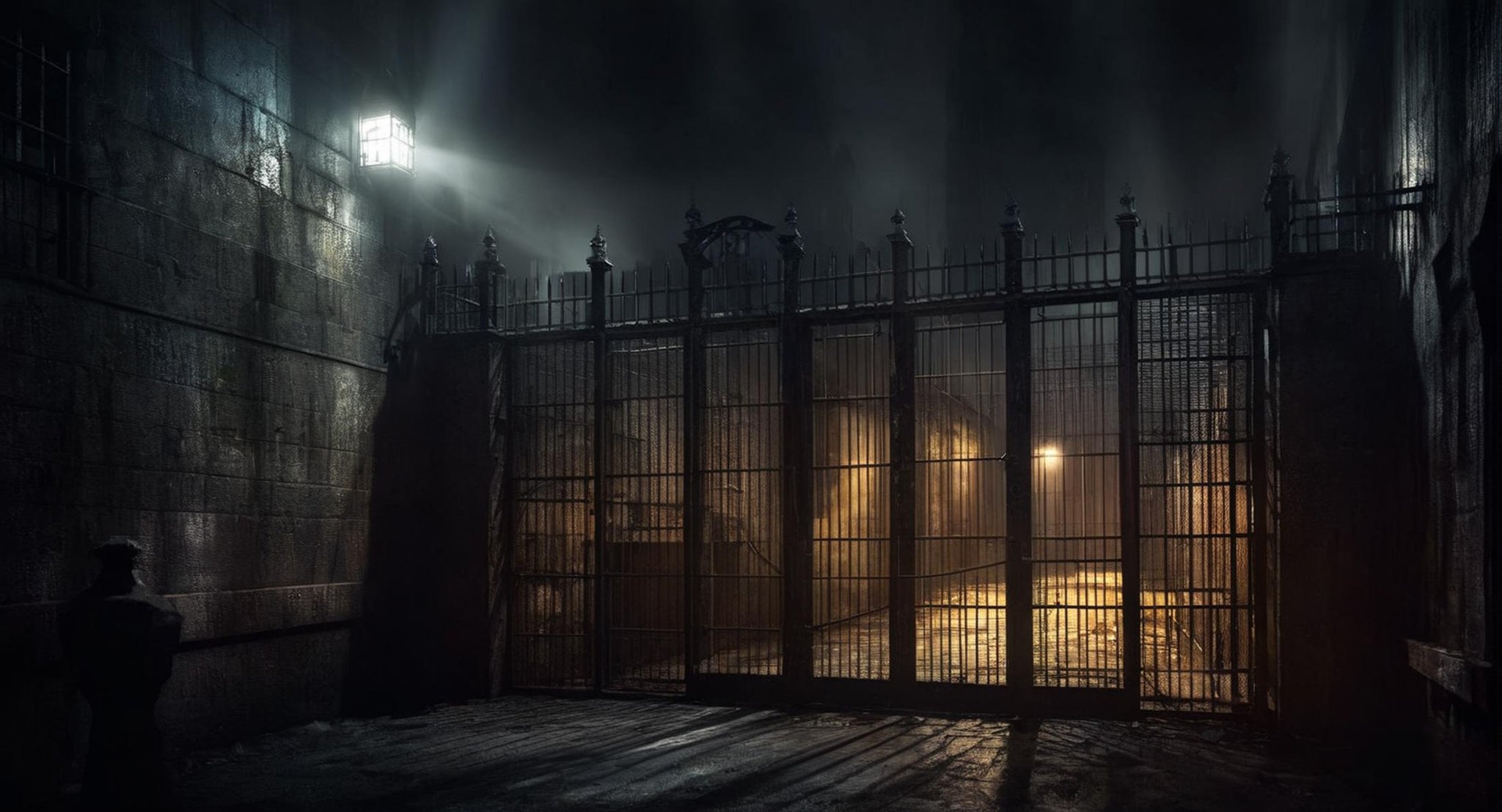 Dark Fantasy Art of  <lora:Gotham City:1.2>Gotham City Gotham State Penitentiary a prison at night with a search light, dark, moody, dark fantasy style