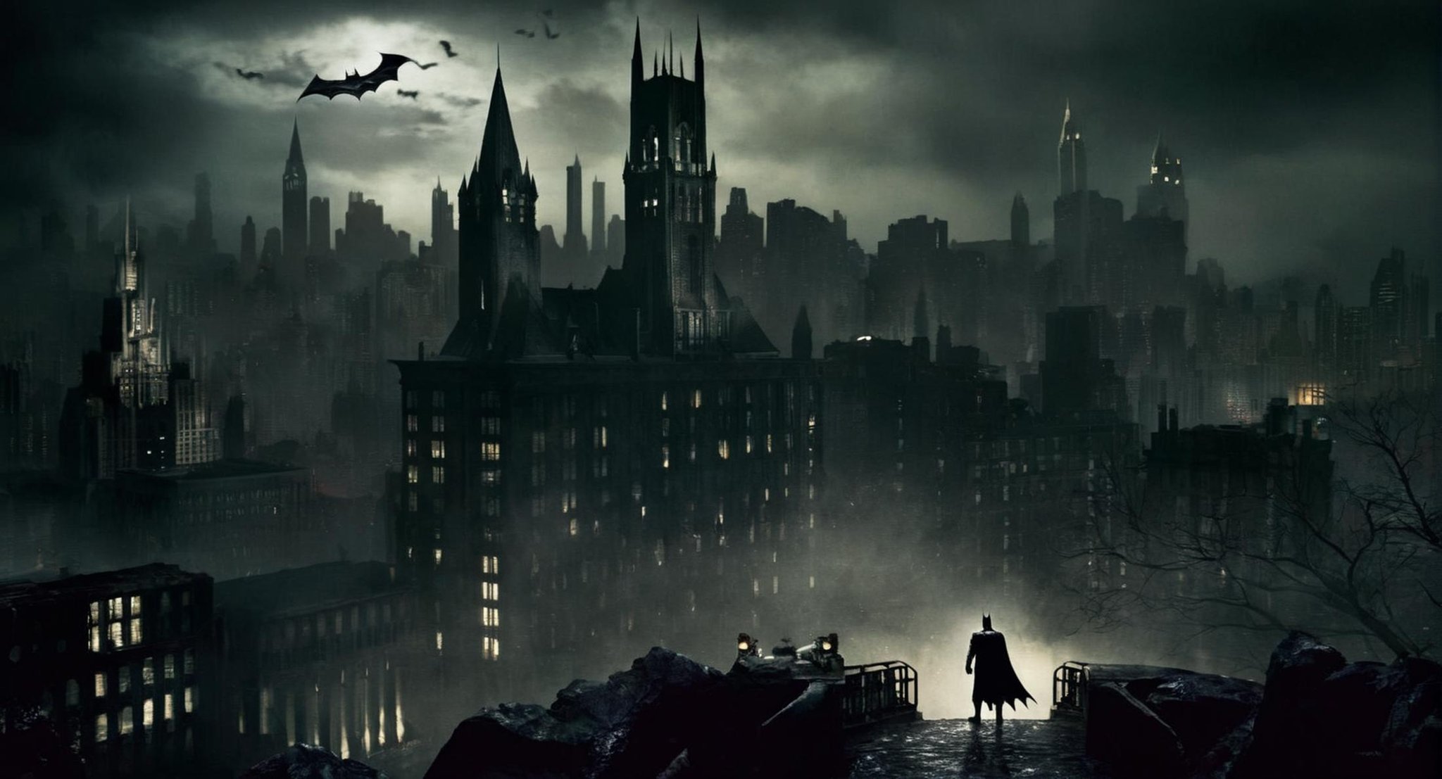 Dark Fantasy Art of  <lora:Gotham City:1.2>Gotham City a batman scene with Gotham city in the background, dark, moody, dark fantasy style