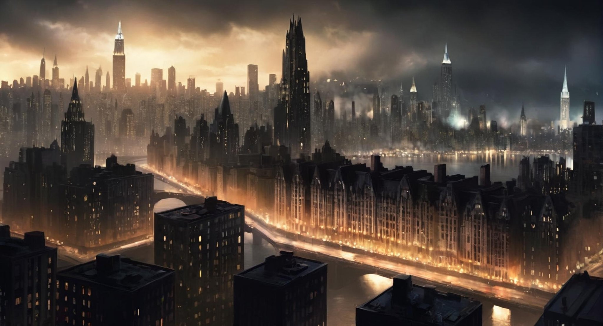 concept art of  <lora:Gotham City:1.2>Gotham City a city skyline with a lot of lights on it, digital artwork, illustrative, painterly, matte painting, highly detailed