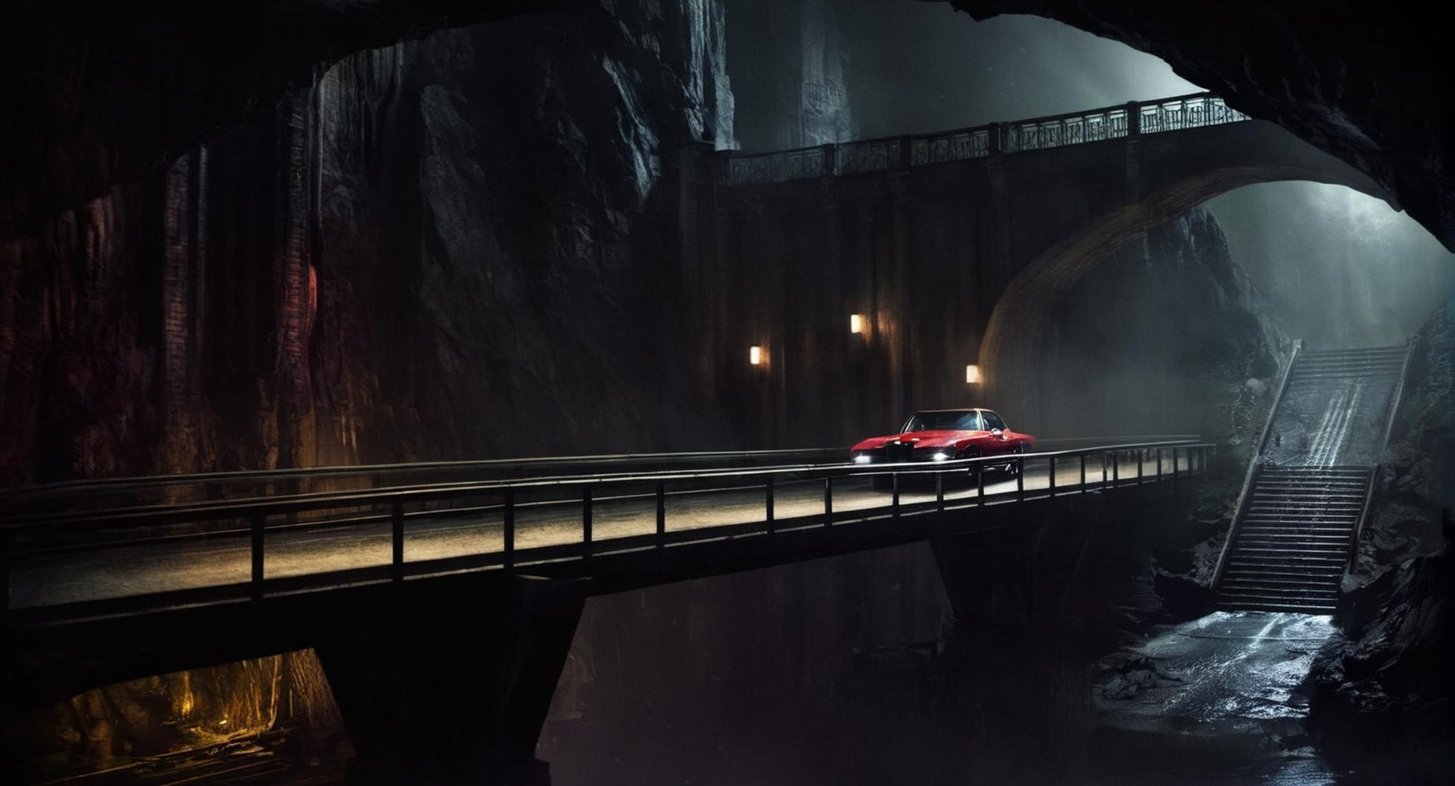 Dark Fantasy Art of  <lora:Gotham City:1.2>Gotham City a car on a bridge inside batcave, dark, moody, dark fantasy style