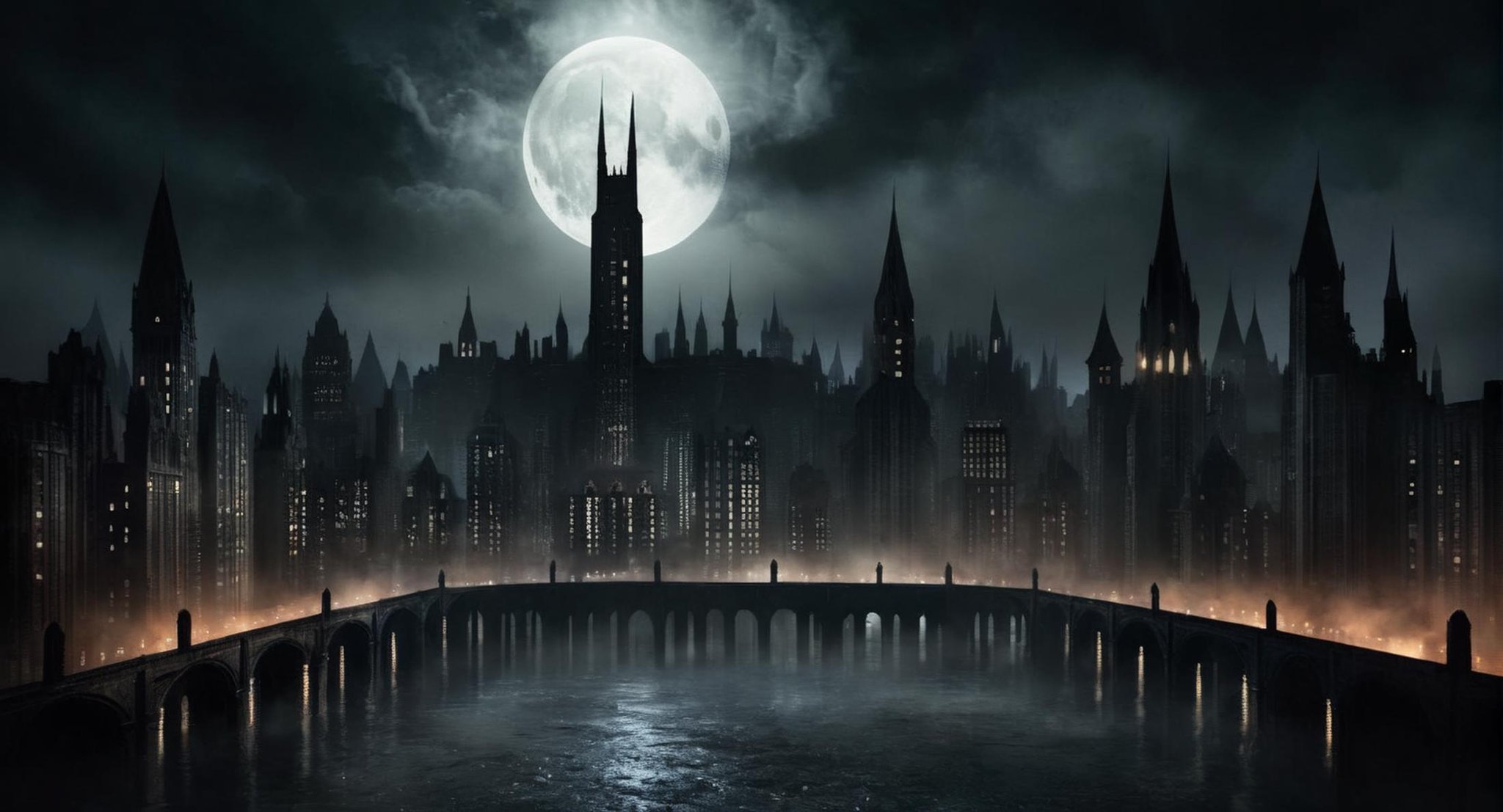 Dark Fantasy Art of  <lora:Gotham City:1.2>Gotham City a city skyline with a full moon in the sky, dark, moody, dark fantasy style