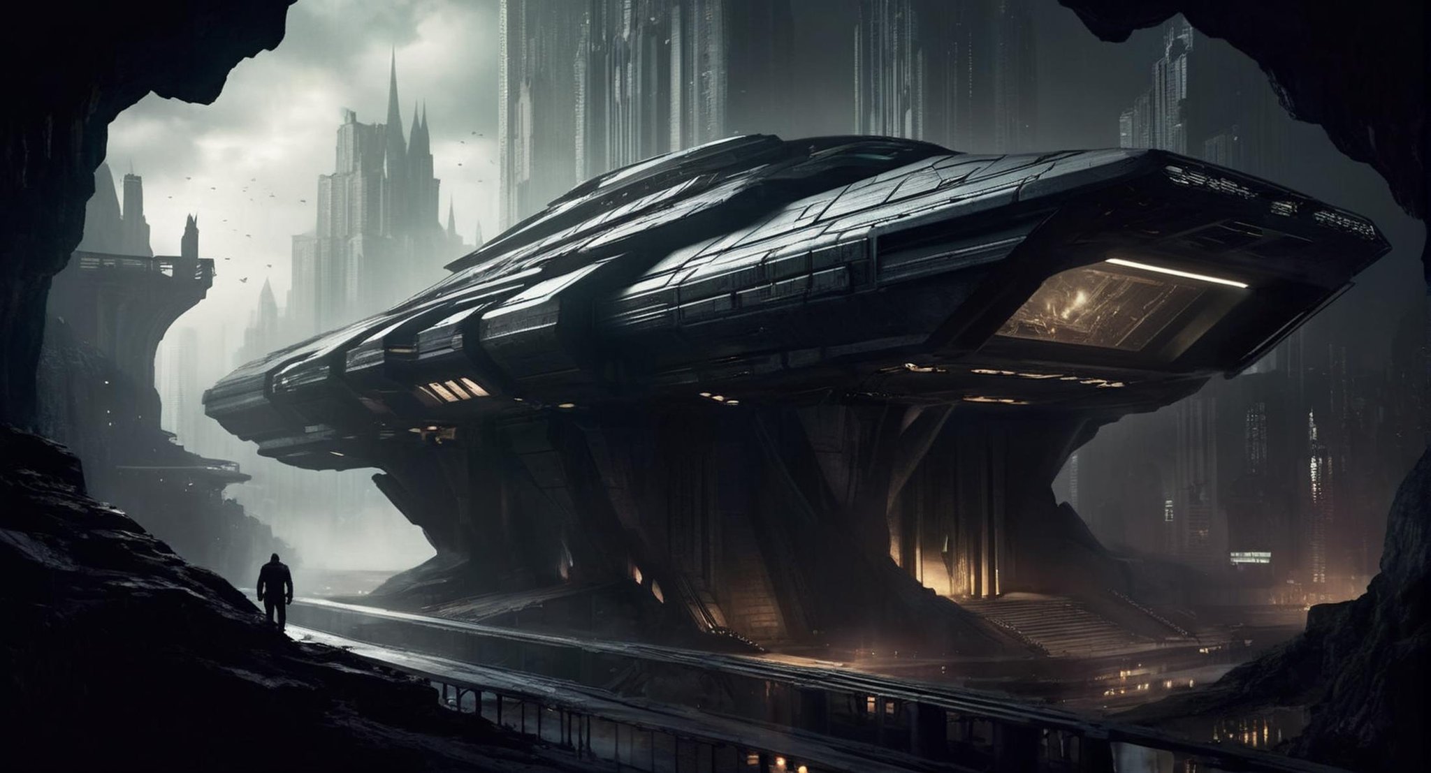 Dark Fantasy Art of  <lora:Gotham City:1.2>Gotham City a futuristic batcave with a giant spaceship in the middle, dark, moody, dark fantasy style