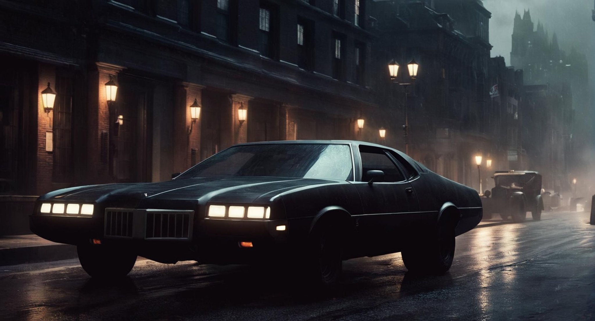 Dark Fantasy Art of  <lora:Gotham City:1.2>Gotham City a car is parked on a city street, dark, moody, dark fantasy style