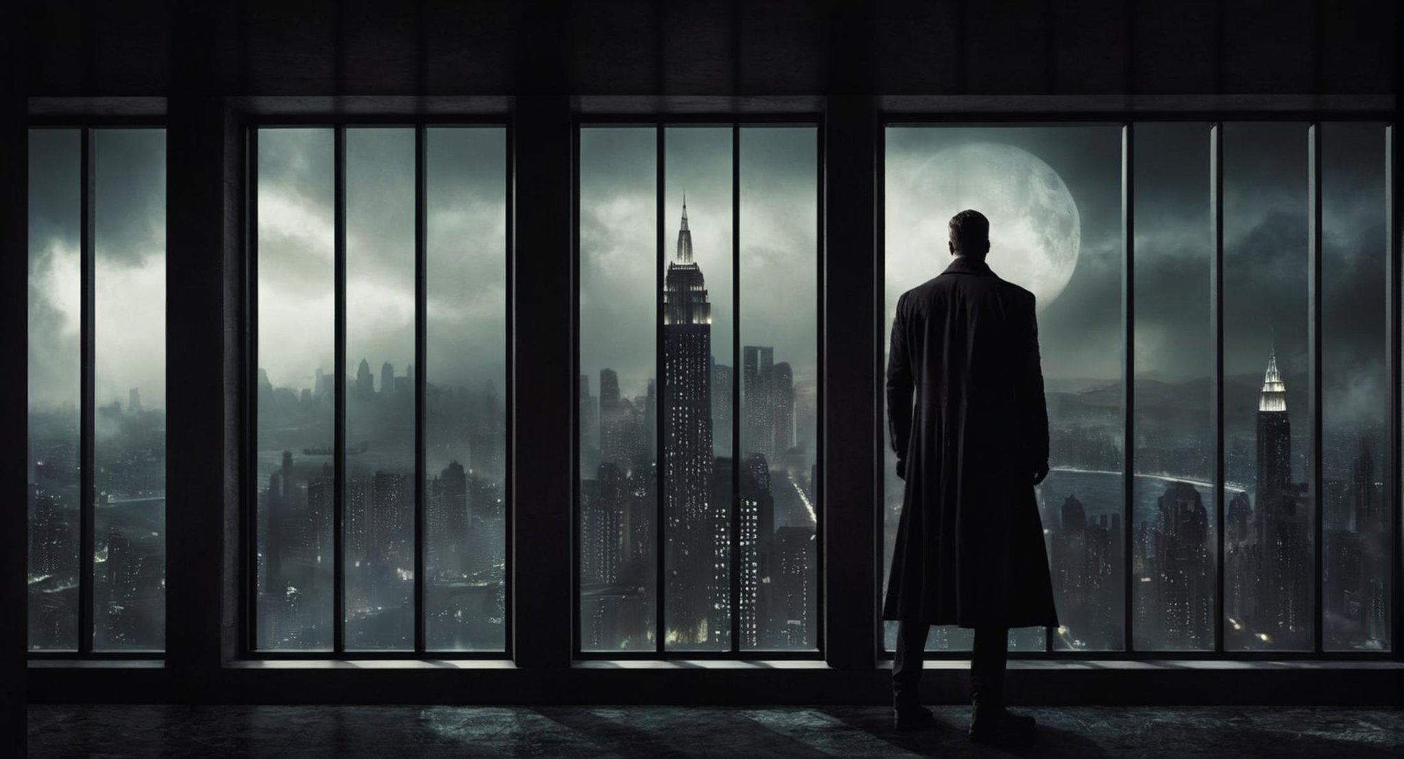 Dark Fantasy Art of  <lora:Gotham City:1.2>Gotham City a man standing in front of a window looking at a city, dark, moody, dark fantasy style