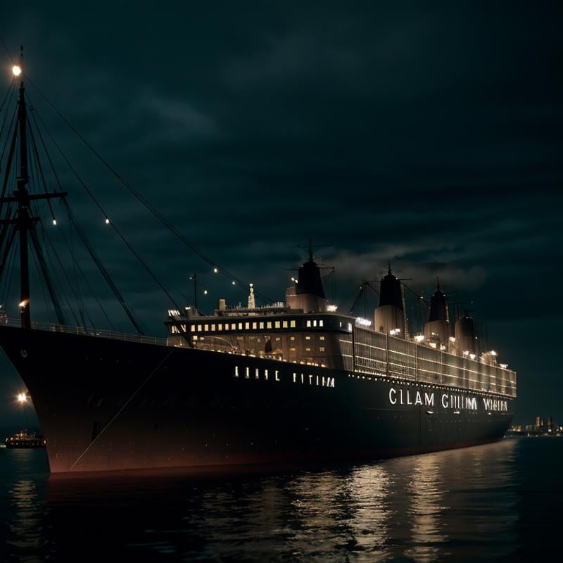 cinematic film still of  <lora:Gotham City Style SD1.5:1.2>Gotham City a large ship is docked at a dock Gotham City Style, shallow depth of field, vignette, highly detailed, high budget, bokeh, cinemascope, moody, epic, gorgeous, film grain, grainy