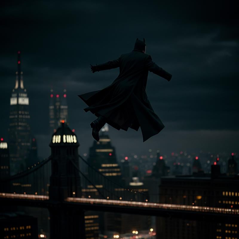 cinematic film still of  <lora:Gotham City Style SD1.5:1.2>Gotham City a man in a black coat is flying through the air Gotham City Style, shallow depth of field, vignette, highly detailed, high budget, bokeh, cinemascope, moody, epic, gorgeous, film grain, grainy