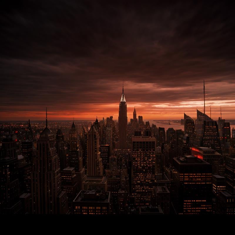 cinematic film still of  <lora:Gotham City Style SD1.5:1.2>Gotham City a city skyline with a red sky in the background Gotham City Style, shallow depth of field, vignette, highly detailed, high budget, bokeh, cinemascope, moody, epic, gorgeous, film grain, grainy