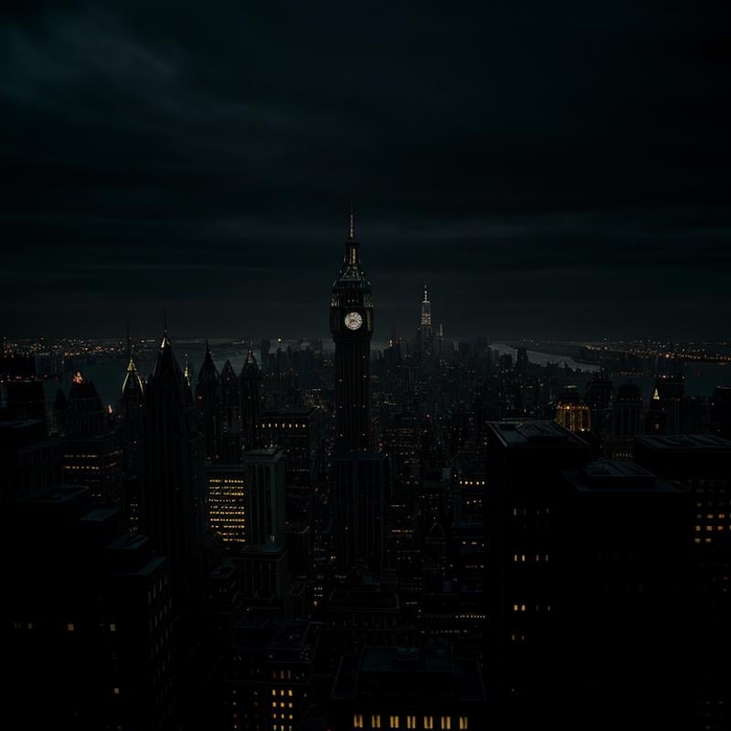 cinematic film still of  <lora:Gotham City Style SD1.5:1.2>Gotham City a city at night with a clock tower Gotham City Style, shallow depth of field, vignette, highly detailed, high budget, bokeh, cinemascope, moody, epic, gorgeous, film grain, grainy