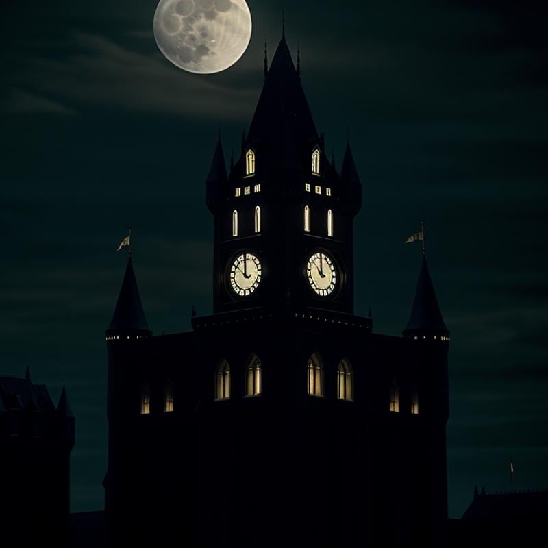 cinematic film still of  <lora:Gotham City Style SD1.5:1.2>Gotham City a castle with a clock tower and a full moon Gotham City Style, shallow depth of field, vignette, highly detailed, high budget, bokeh, cinemascope, moody, epic, gorgeous, film grain, grainy