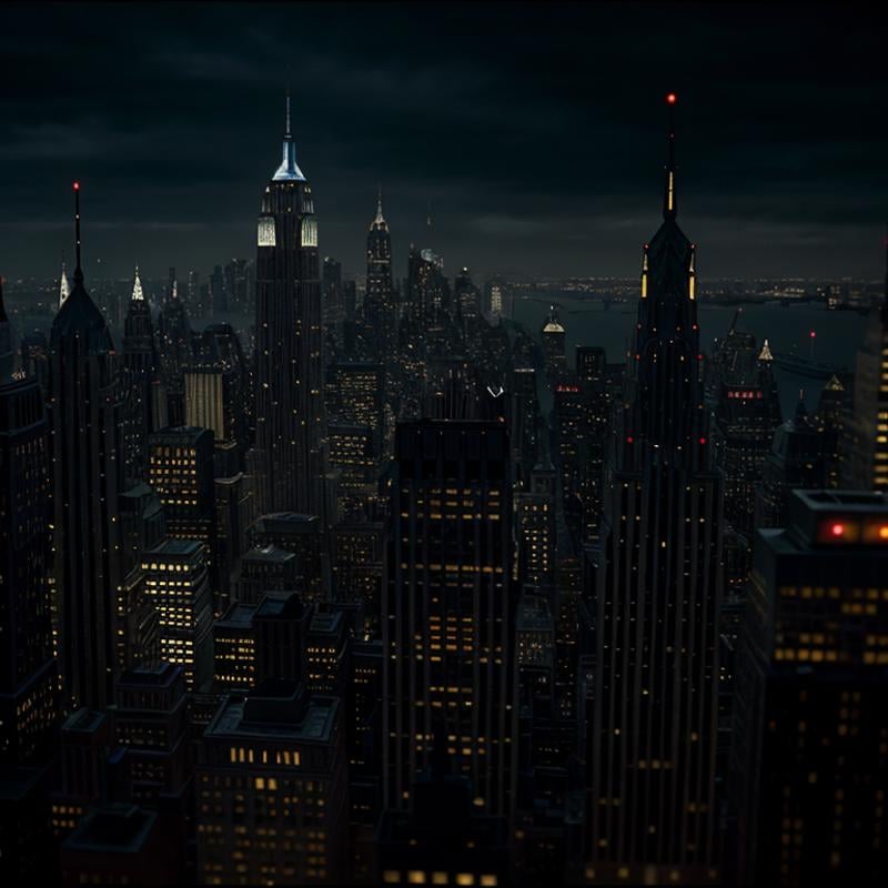 cinematic film still of  <lora:Gotham City Style SD1.5:1.2>Gotham City a batman scene with a city in the background Gotham City Style, shallow depth of field, vignette, highly detailed, high budget, bokeh, cinemascope, moody, epic, gorgeous, film grain, grainy