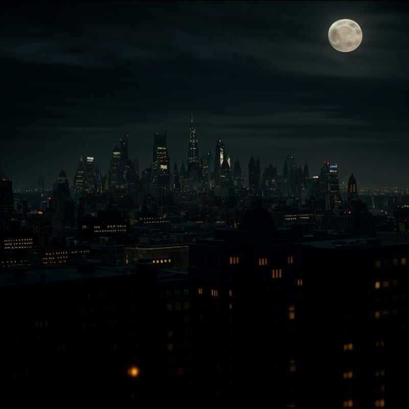 cinematic film still of  <lora:Gotham City Style SD1.5:1.2>Gotham City a painting of a city at night with a full moon Gotham City Style, shallow depth of field, vignette, highly detailed, high budget, bokeh, cinemascope, moody, epic, gorgeous, film grain, grainy