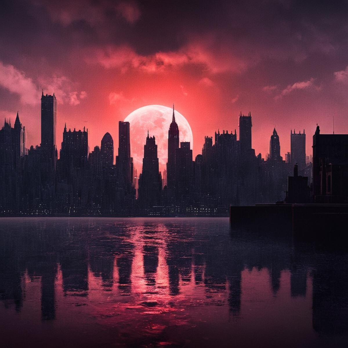 cinematic film still of  <lora:perfection style:0.6> <lora:gotham city style v2:0.8> <lora:Chiaroscuro Lighting Style:0.6>In Gotham City a painting of a city with a full moon and red sky,outdoors,sky,cloud,water,no humans,night,moon,cloudy sky,building,scenery,full moon,reflection,city,silhouette,tower,red moon,fog,red sky , detailed, real, different, unique, cinematic, dramatic, concept art, filmic, detailed background, detailed settings, artstation, gothic New York, gotham city style, shallow depth of field, vignette, highly detailed, high budget, bokeh, cinemascope, moody, epic, gorgeous, film grain, grainy