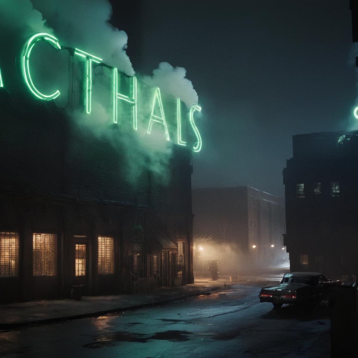 cinematic film still of  <lora:perfection style:0.6> <lora:gotham city style v2:0.8> <lora:Chiaroscuro Lighting Style:0.6>Gotham City a factory with smoke coming out of it and a green neon sign says ace chemicals Gotham City Style,outdoors,tree,no humans,night,building,scenery,smoke,city,sign,road,dark,lamppost,street,lights,neon lights , detailed, real, different, unique, cinematic, dramatic, concept art, filmic, detailed background, detailed settings, artstation, gothic New York, gotham city style, shallow depth of field, vignette, highly detailed, high budget, bokeh, cinemascope, moody, epic, gorgeous, film grain, grainy