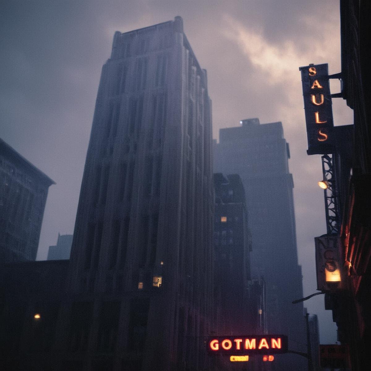 cinematic film still of  <lora:perfection style:0.6> <lora:gotham city style v2:0.8> <lora:Chiaroscuro Lighting Style:0.6>Gotham City a building with a ace chemicals neon sign on it Gotham City Style,outdoors,sky,cloud,no humans,night,building,night sky,scenery,smoke,city,lamppost , detailed, real, different, unique, cinematic, dramatic, concept art, filmic, detailed background, detailed settings, artstation, gothic New York, gotham city style, shallow depth of field, vignette, highly detailed, high budget, bokeh, cinemascope, moody, epic, gorgeous, film grain, grainy