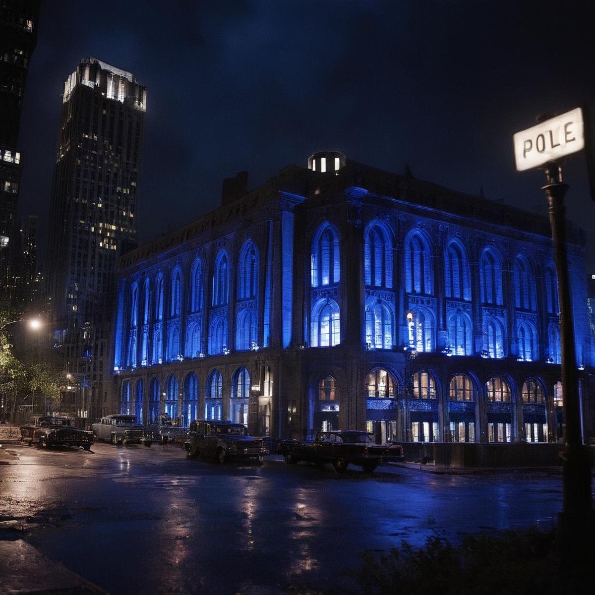 cinematic film still of  <lora:perfection style:0.6> <lora:gotham city style v2:0.8> <lora:Chiaroscuro Lighting Style:0.6>Gotham City a GCPD Headquarters building with a blue light on it Gotham City Style,outdoors,sky,tree,night,plant,ground vehicle,building,scenery,motor vehicle,city,sign,car,road,lamppost,street,bicycle,lights,real world location,vanishing point , detailed, real, different, unique, cinematic, dramatic, concept art, filmic, detailed background, detailed settings, artstation, gothic New York, gotham city style, shallow depth of field, vignette, highly detailed, high budget, bokeh, cinemascope, moody, epic, gorgeous, film grain, grainy