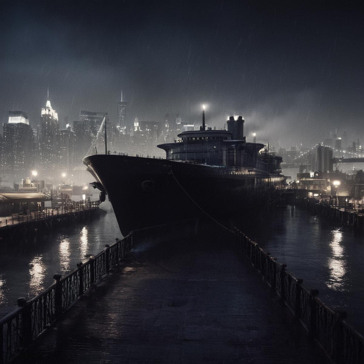 cinematic film still of  <lora:perfection style:0.6> <lora:gotham city style v2:0.8> <lora:Chiaroscuro Lighting Style:0.6>Gotham City a large ship is docked at a dock Gotham City Style,water,no humans,night,ocean,scenery,stairs,railing,watercraft,bridge,ship,warship,dock , detailed, real, different, unique, cinematic, dramatic, concept art, filmic, detailed background, detailed settings, artstation, gothic New York, gotham city style, shallow depth of field, vignette, highly detailed, high budget, bokeh, cinemascope, moody, epic, gorgeous, film grain, grainy