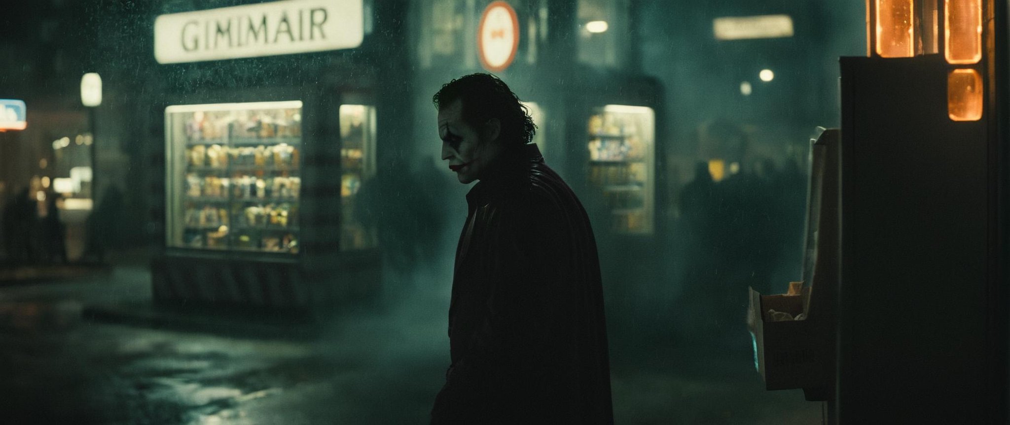 cinematic film still of  <lora:perfection style:0.6> <lora:gotham city style v2:0.8> <lora:Chiaroscuro Lighting Style:0.6>In Gotham City arthur a joker man in a clown costume standing in front of a vending machine,outdoors,multiple boys,sky,night,building,box,scenery,cigarette,city,sign,smoking,cityscape,cardboard box,skyscraper , detailed, real, different, unique, cinematic, dramatic, concept art, filmic, detailed background, detailed settings, artstation, gothic New York, gotham city style, shallow depth of field, vignette, highly detailed, high budget, bokeh, cinemascope, moody, epic, gorgeous, film grain, grainy