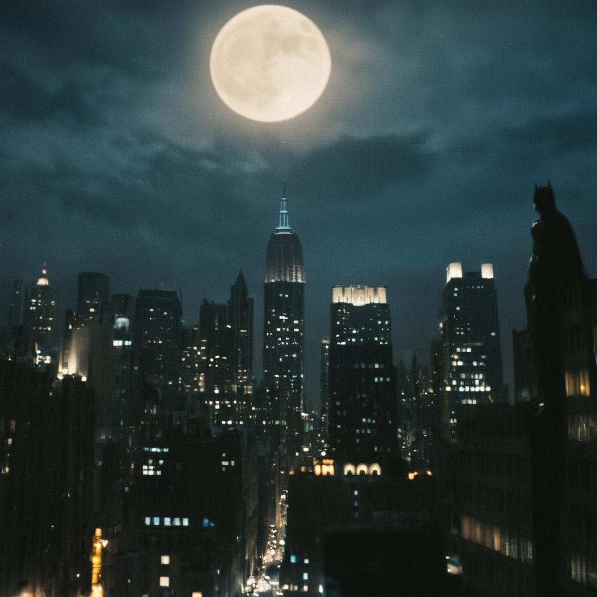 cinematic film still of  <lora:perfection style:0.6> <lora:gotham city style v2:0.8> <lora:Chiaroscuro Lighting Style:0.6>In Gotham City a city skyline at night with a full moon and blue night,outdoors,sky,no humans,night,building,star (sky),night sky,scenery,starry sky,city,cityscape,skyscraper,city lights , detailed, real, different, unique, cinematic, dramatic, concept art, filmic, detailed background, detailed settings, artstation, gothic New York, gotham city style, shallow depth of field, vignette, highly detailed, high budget, bokeh, cinemascope, moody, epic, gorgeous, film grain, grainy