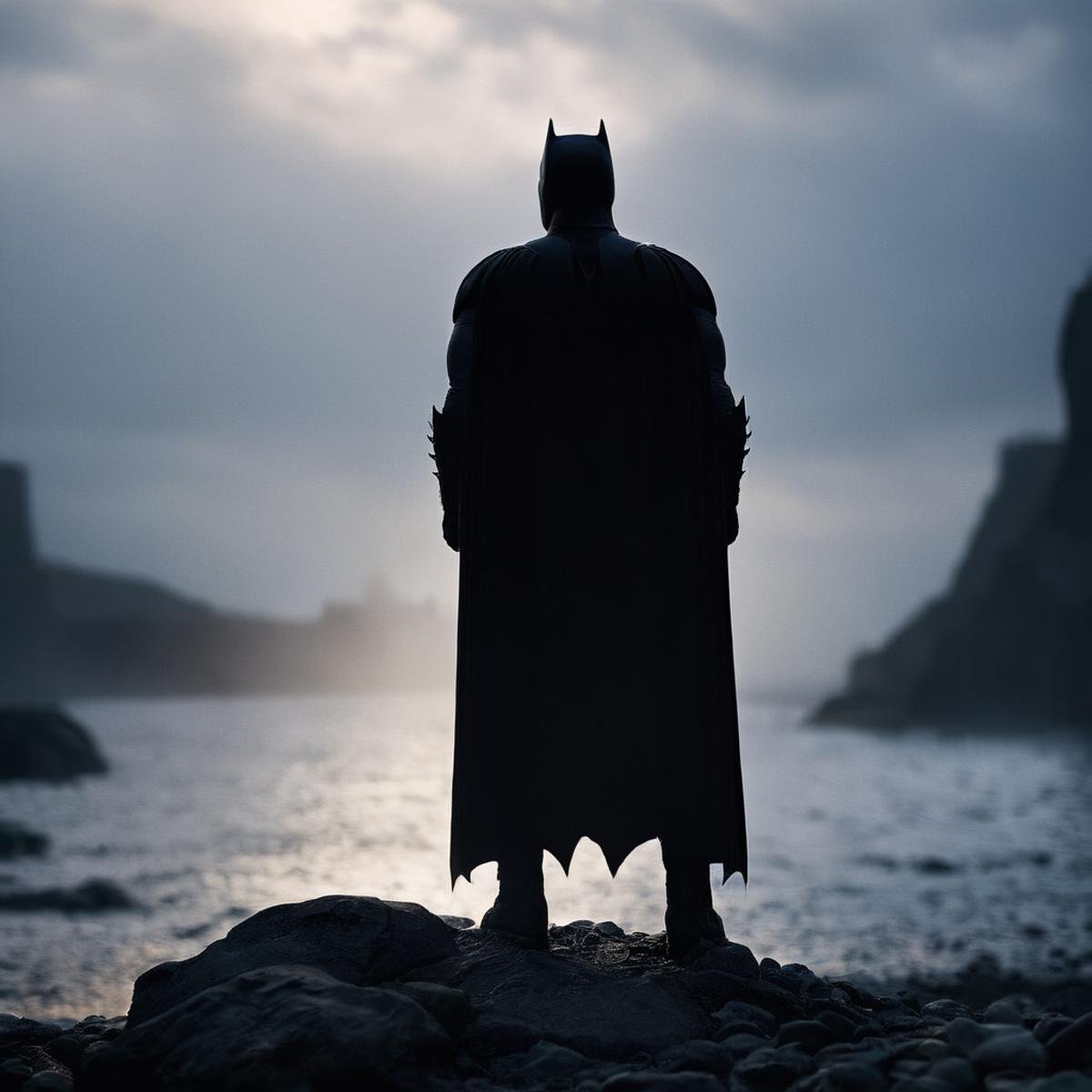 cinematic film still of  <lora:perfection style:0.6> <lora:gotham city style v2:0.8> <lora:Chiaroscuro Lighting Style:0.6>In Gotham City a silhouette batman in a cape standing on a rocky beach,solo,1boy,standing,male focus,outdoors,sky,from behind,cape,helmet,fire,scenery , detailed, real, different, unique, cinematic, dramatic, concept art, filmic, detailed background, detailed settings, artstation, gothic New York, gotham city style, shallow depth of field, vignette, highly detailed, high budget, bokeh, cinemascope, moody, epic, gorgeous, film grain, grainy