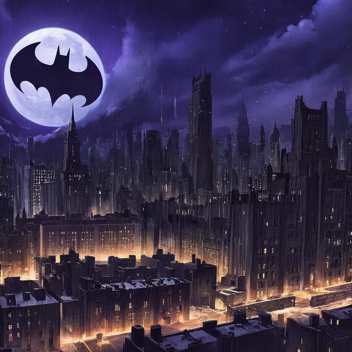 anime artwork of  <lora:perfection style:0.6> <lora:gotham city style v2:0.8> <lora:Chiaroscuro Lighting Style:0.6>Gotham City a batman signal is shown on a city skyline Gotham City Style,solo,outdoors,sky,cloud,no humans,night,moon,building,night sky,scenery,full moon,city , detailed, real, different, unique, cinematic, dramatic, concept art, filmic, detailed background, detailed settings, artstation, gothic New York, gotham city style, anime style, key visual, vibrant, studio anime,  highly detailed