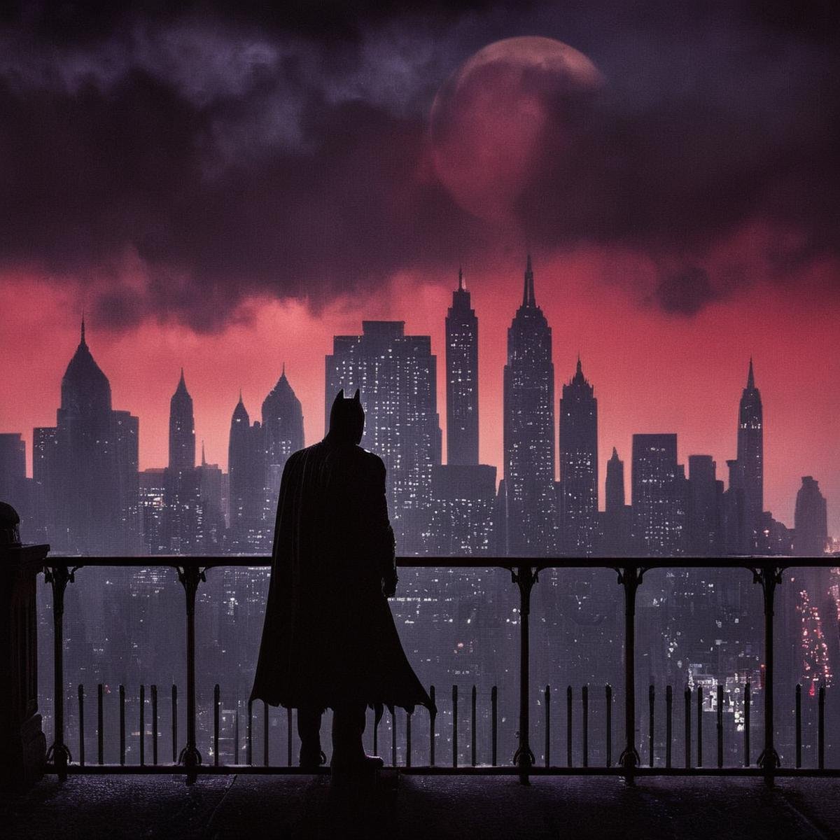 cinematic film still of  <lora:perfection style:0.6> <lora:gotham city style v2:0.8> <lora:Chiaroscuro Lighting Style:0.6>In Gotham City a painting of a silhouette city at night with a red sky,outdoors,sky,cloud,no humans,night,moon,building,star (sky),night sky,scenery,full moon,city,railing,cityscape,red sky , detailed, real, different, unique, cinematic, dramatic, concept art, filmic, detailed background, detailed settings, artstation, gothic New York, gotham city style, shallow depth of field, vignette, highly detailed, high budget, bokeh, cinemascope, moody, epic, gorgeous, film grain, grainy