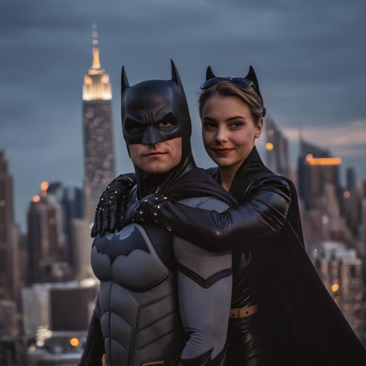 cinematic film still of  <lora:perfection style:0.6> <lora:gotham city style v2:0.8> <lora:Chiaroscuro Lighting Style:0.6>Gotham City a batman hugging catwoman while flying over a city at night Gotham City Style,smile,gloves,animal ears,closed mouth,male focus,boots,outdoors,multiple boys,sky,cat ears,2boys,cape,looking at another,bodysuit,mask,night,building,night sky,carrying,city,black bodysuit,black cape,princess carry,superhero,carrying person,grey bodysuit , detailed, real, different, unique, cinematic, dramatic, concept art, filmic, detailed background, detailed settings, artstation, gothic New York, gotham city style, shallow depth of field, vignette, highly detailed, high budget, bokeh, cinemascope, moody, epic, gorgeous, film grain, grainy