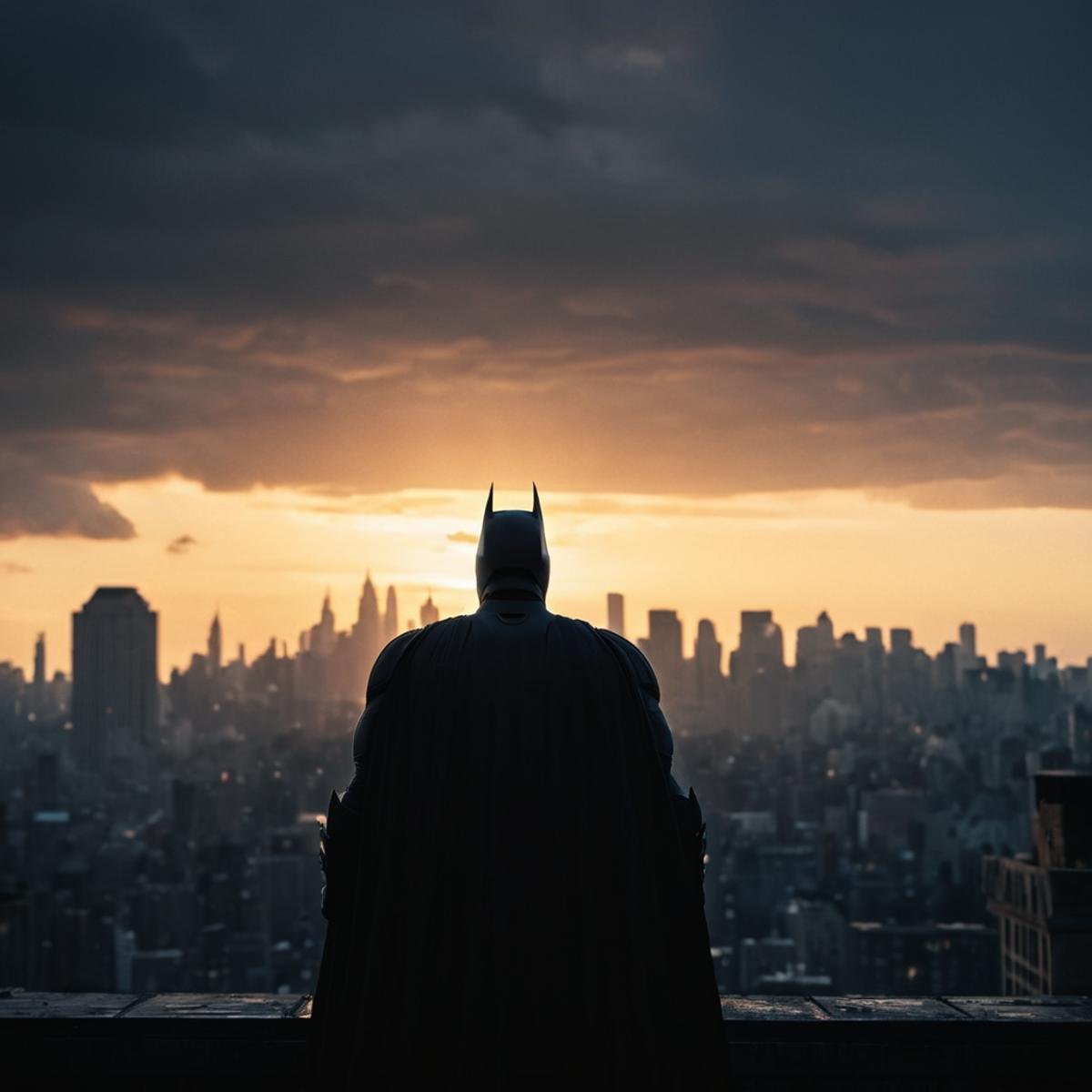 cinematic film still of  <lora:gotham city style v3:1>In Gotham City a batman from behind silhouetted against a sunset over a city,outdoors,sky,cloud,blurry,no humans,building,scenery,sunset,city,cityscape,architecture , detailed, real, different, unique, cinematic, dramatic, concept art, filmic, detailed background, detailed settings, artstation, gothic New York, gotham city style, shallow depth of field, vignette, highly detailed, high budget, bokeh, cinemascope, moody, epic, gorgeous, film grain, grainy