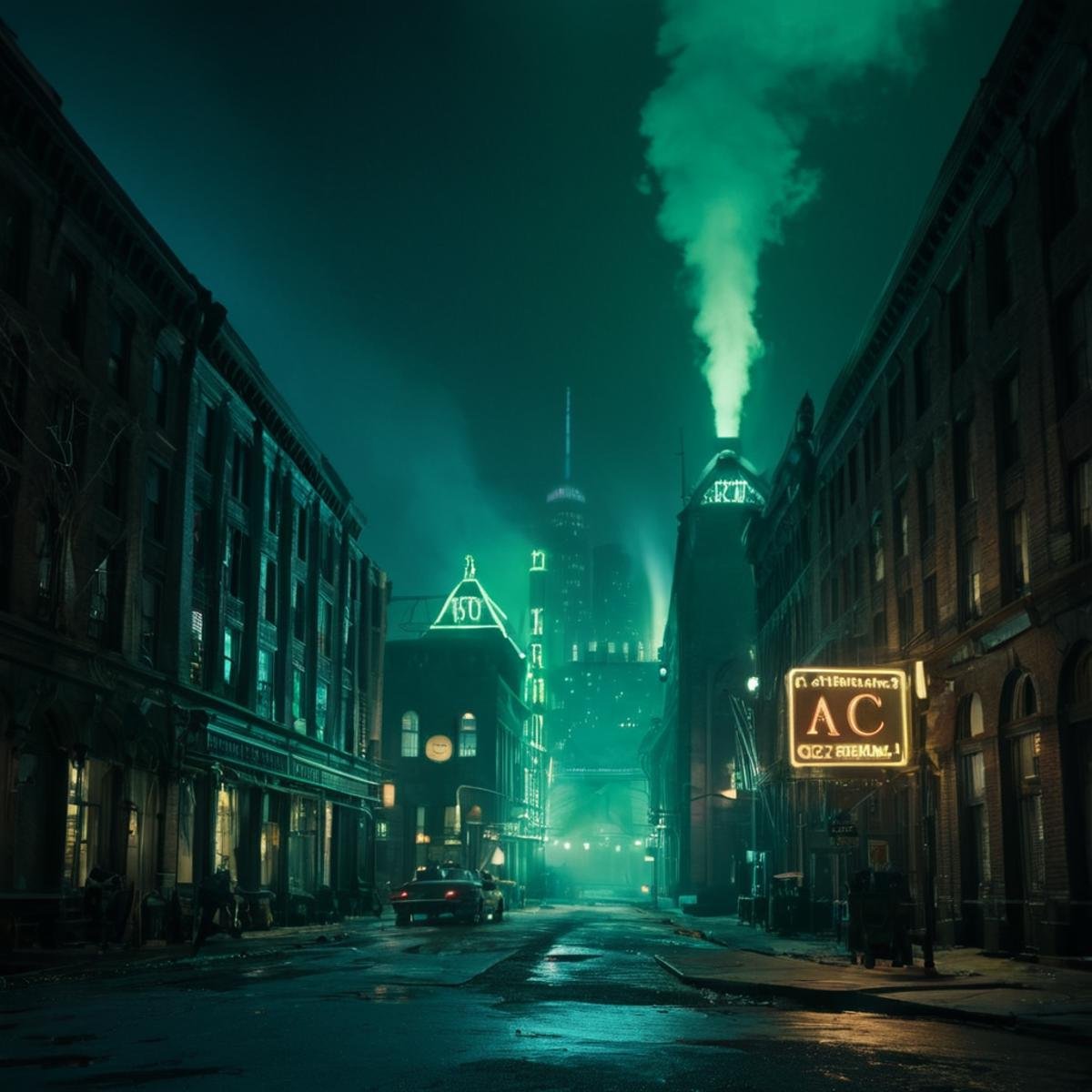 cinematic film still of  <lora:gotham city style v3:1>Gotham City a factory with smoke coming out of it and a green neon sign says ace chemicals Gotham City Style,outdoors,tree,no humans,night,building,scenery,smoke,city,sign,road,dark,lamppost,street,lights,neon lights , detailed, real, different, unique, cinematic, dramatic, concept art, filmic, detailed background, detailed settings, artstation, gothic New York, gotham city style, shallow depth of field, vignette, highly detailed, high budget, bokeh, cinemascope, moody, epic, gorgeous, film grain, grainy