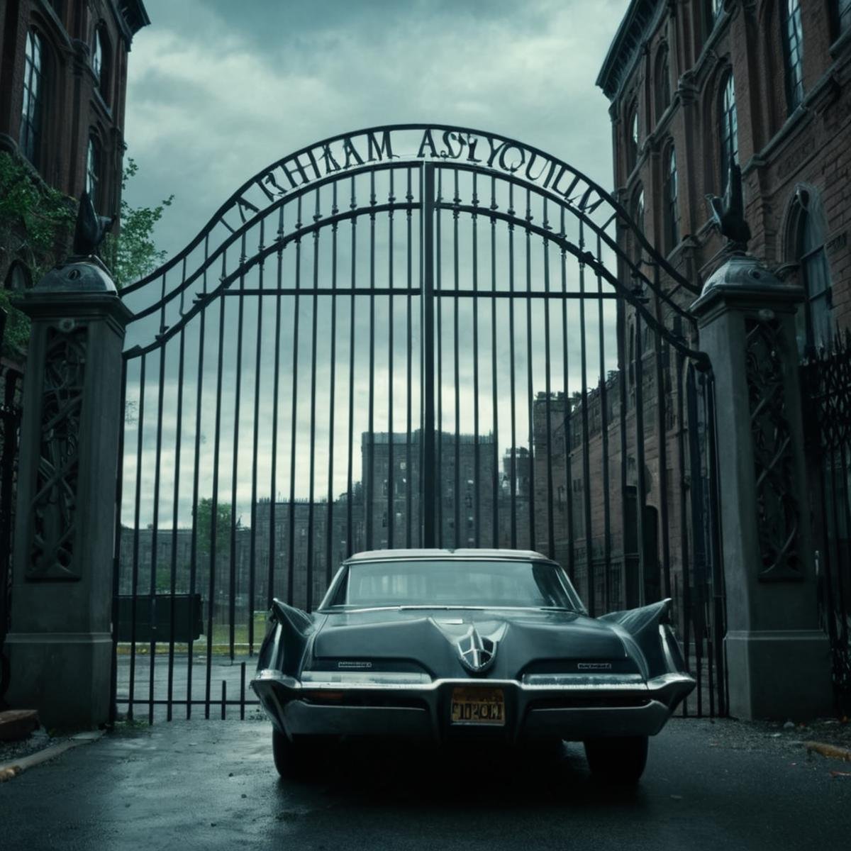 cinematic film still of  <lora:gotham city style v3:1>Gotham City a car is parked in front of a gate of arkham asylum Gotham City Style,outdoors,sky,cloud,tree,no humans,window,cloudy sky,ground vehicle,building,scenery,motor vehicle,city,fence,railing,car,road,bridge,vehicle focus,lamppost,street,gate,real world location , detailed, real, different, unique, cinematic, dramatic, concept art, filmic, detailed background, detailed settings, artstation, gothic New York, gotham city style, shallow depth of field, vignette, highly detailed, high budget, bokeh, cinemascope, moody, epic, gorgeous, film grain, grainy