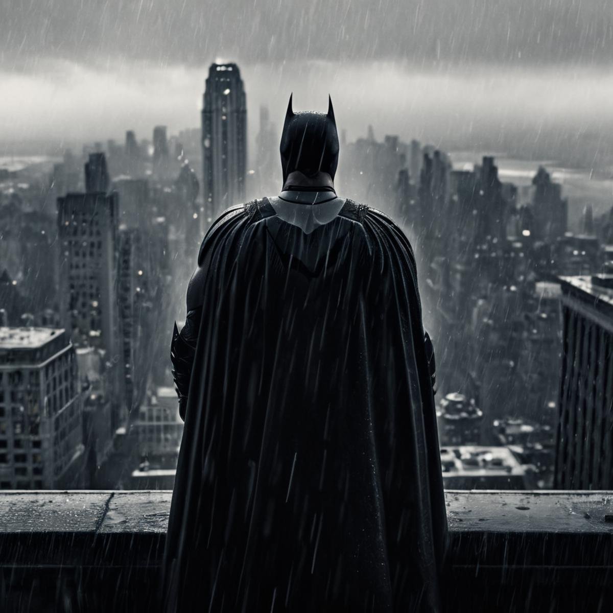 cinematic film still of  <lora:gotham city style v3:1>In Gotham City a batman on top of a building in the rain,solo,1boy,monochrome,male focus,cape,building,scenery,rain,city,black cape,cityscape,skyscraper , detailed, real, different, unique, cinematic, dramatic, concept art, filmic, detailed background, detailed settings, artstation, gothic New York, gotham city style, shallow depth of field, vignette, highly detailed, high budget, bokeh, cinemascope, moody, epic, gorgeous, film grain, grainy