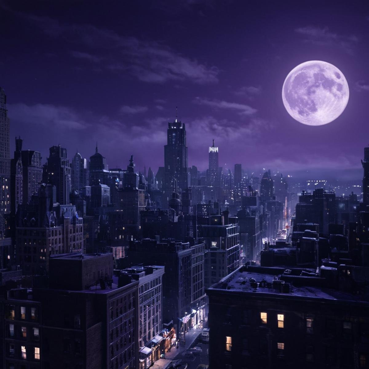 cinematic film still of  <lora:gotham city style v3:1>Gotham City a cartoon city at night with a full moon Gotham City Style,outdoors,sky,cloud,no humans,night,moon,building,scenery,full moon,city,cityscape,purple sky , detailed, real, different, unique, cinematic, dramatic, concept art, filmic, detailed background, detailed settings, artstation, gothic New York, gotham city style, shallow depth of field, vignette, highly detailed, high budget, bokeh, cinemascope, moody, epic, gorgeous, film grain, grainy