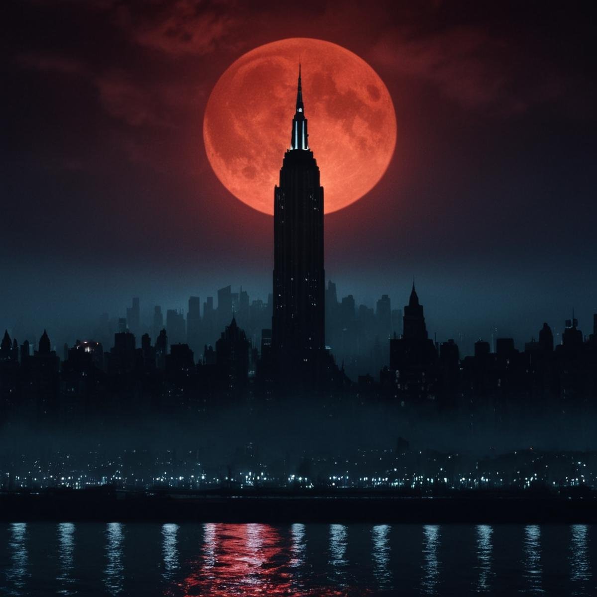 cinematic film still of  <lora:gotham city style v3:1>In Gotham City a painting of a city with a full moon and red sky,outdoors,sky,cloud,water,no humans,night,moon,cloudy sky,building,scenery,full moon,reflection,city,silhouette,tower,red moon,fog,red sky , detailed, real, different, unique, cinematic, dramatic, concept art, filmic, detailed background, detailed settings, artstation, gothic New York, gotham city style, shallow depth of field, vignette, highly detailed, high budget, bokeh, cinemascope, moody, epic, gorgeous, film grain, grainy