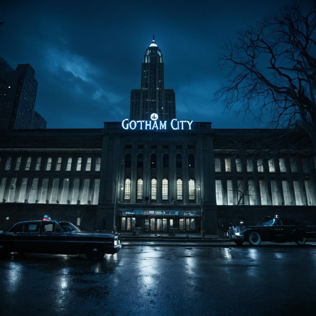 cinematic film still of  <lora:gotham city style v3:1>Gotham City a GCPD Headquarters building with a blue light on it Gotham City Style,outdoors,sky,tree,night,plant,ground vehicle,building,scenery,motor vehicle,city,sign,car,road,lamppost,street,bicycle,lights,real world location,vanishing point , detailed, real, different, unique, cinematic, dramatic, concept art, filmic, detailed background, detailed settings, artstation, gothic New York, gotham city style, shallow depth of field, vignette, highly detailed, high budget, bokeh, cinemascope, moody, epic, gorgeous, film grain, grainy