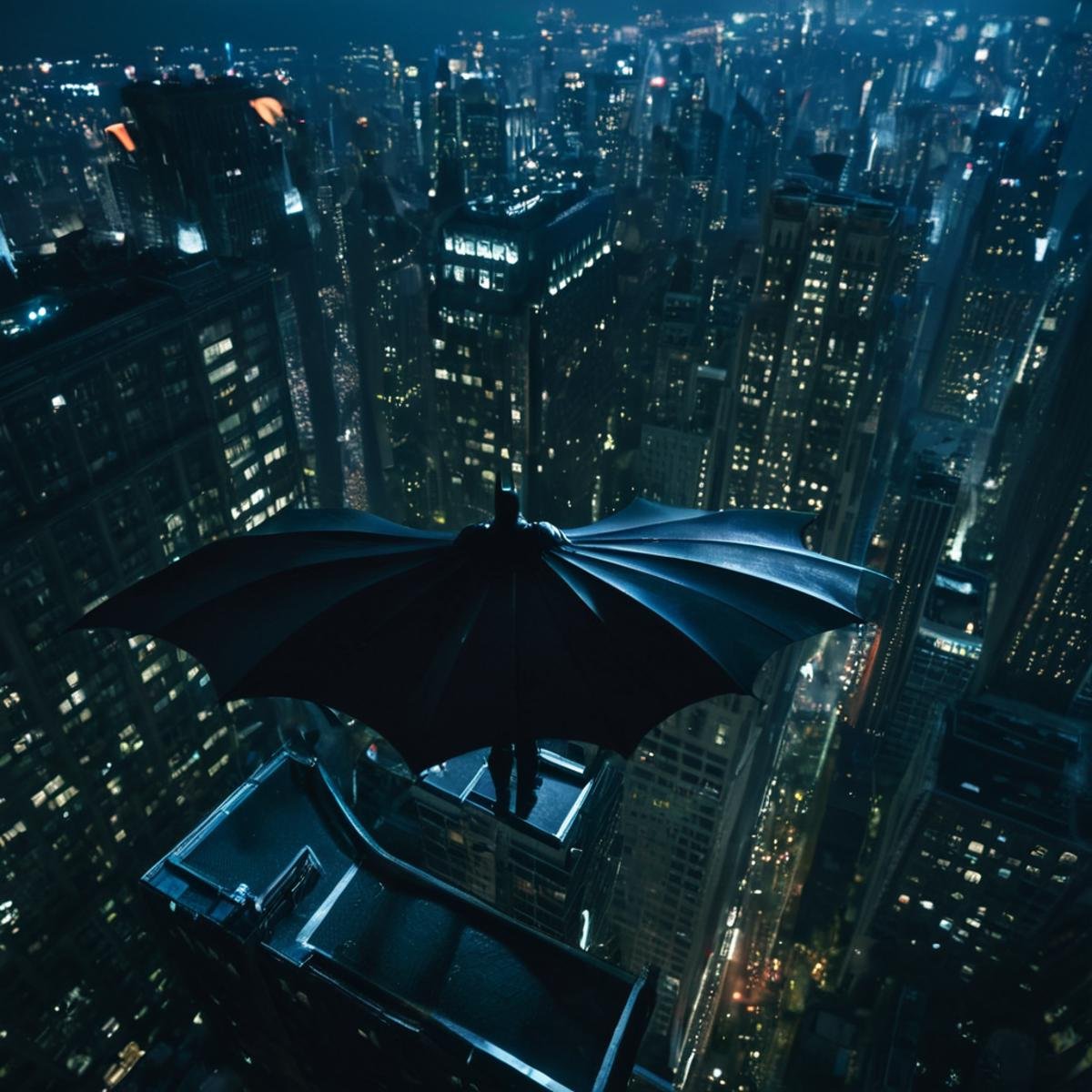 cinematic film still of  <lora:gotham city style v3:1>From above, In Gotham City a batman flying over a city at night,outdoors,sky,umbrella,building,scenery,city,cityscape,skyscraper,city lights , detailed, real, different, unique, cinematic, dramatic, concept art, filmic, detailed background, detailed settings, artstation, gothic New York, gotham city style, shallow depth of field, vignette, highly detailed, high budget, bokeh, cinemascope, moody, epic, gorgeous, film grain, grainy