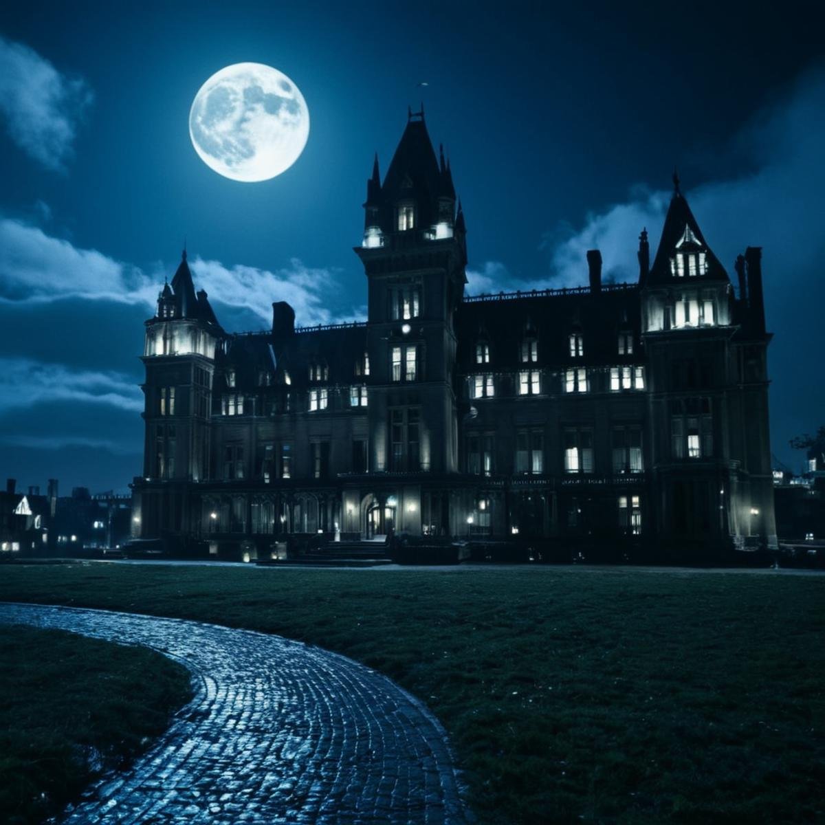 cinematic film still of  <lora:gotham city style v3:1>Gotham City a Wayne Manor with a full moon Gotham City Style,outdoors,sky,cloud,no humans,night,moon,building,night sky,scenery,full moon,blue theme , detailed, real, different, unique, cinematic, dramatic, concept art, filmic, detailed background, detailed settings, artstation, gothic New York, gotham city style, shallow depth of field, vignette, highly detailed, high budget, bokeh, cinemascope, moody, epic, gorgeous, film grain, grainy