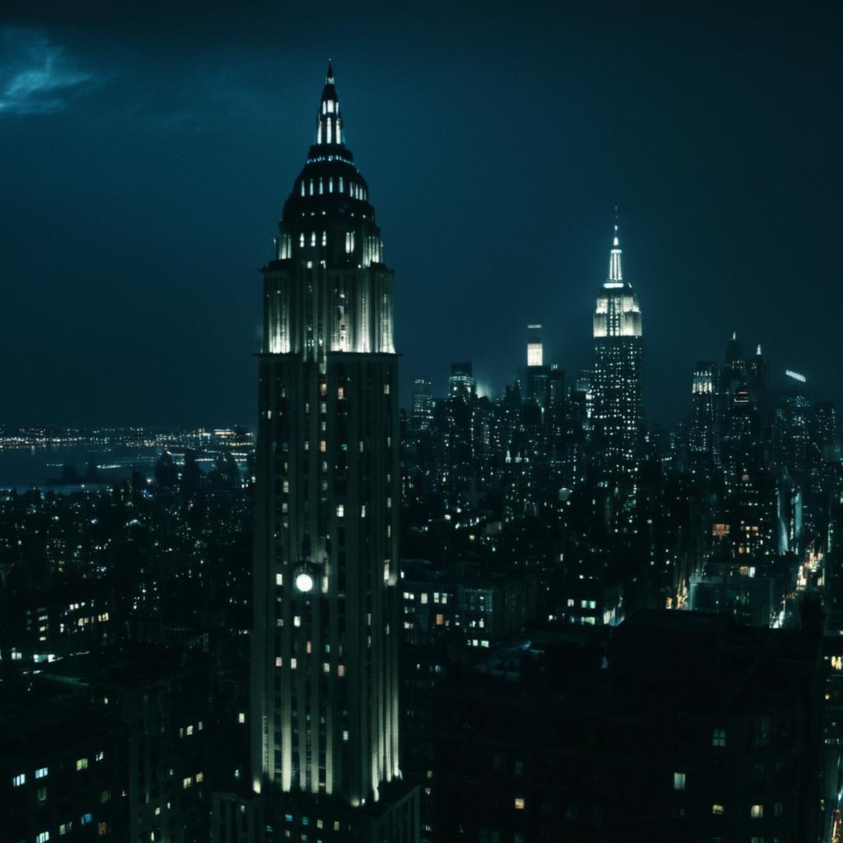 cinematic film still of  <lora:gotham city style v3:1>Gotham City a city at night with lights shining on the buildings Gotham City Style,outdoors,sky,no humans,night,building,night sky,scenery,science fiction,city,cityscape,dark,lamppost,skyscraper,tower,city lights , detailed, real, different, unique, cinematic, dramatic, concept art, filmic, detailed background, detailed settings, artstation, gothic New York, gotham city style, shallow depth of field, vignette, highly detailed, high budget, bokeh, cinemascope, moody, epic, gorgeous, film grain, grainy