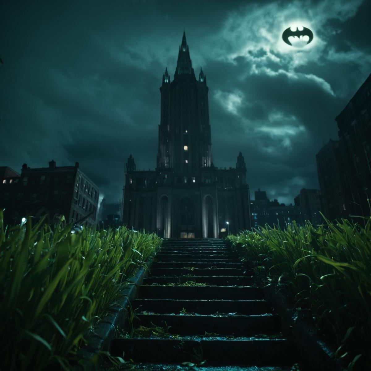 cinematic film still of  <lora:gotham city style v3:1>In Gotham City a dark city with a green question mark light in the middle on a buldin,outdoors,sky,artist name,cloud,no humans,window,night,cloudy sky,grass,building,scenery,stairs,dark , detailed, real, different, unique, cinematic, dramatic, concept art, filmic, detailed background, detailed settings, artstation, gothic New York, gotham city style, shallow depth of field, vignette, highly detailed, high budget, bokeh, cinemascope, moody, epic, gorgeous, film grain, grainy