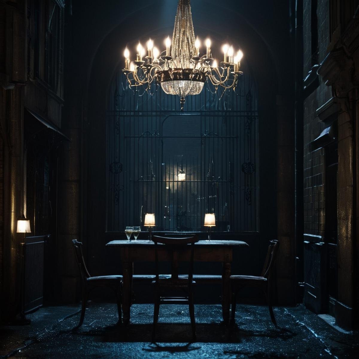 cinematic film still of  <lora:gotham city style v3:1>In Gotham City a dark alley at night with a chandelier and a person standing in it,sitting,indoors,no humans,chain,chair,table,scenery,dark , detailed, real, different, unique, cinematic, dramatic, concept art, filmic, detailed background, detailed settings, artstation, gothic New York, gotham city style, shallow depth of field, vignette, highly detailed, high budget, bokeh, cinemascope, moody, epic, gorgeous, film grain, grainy