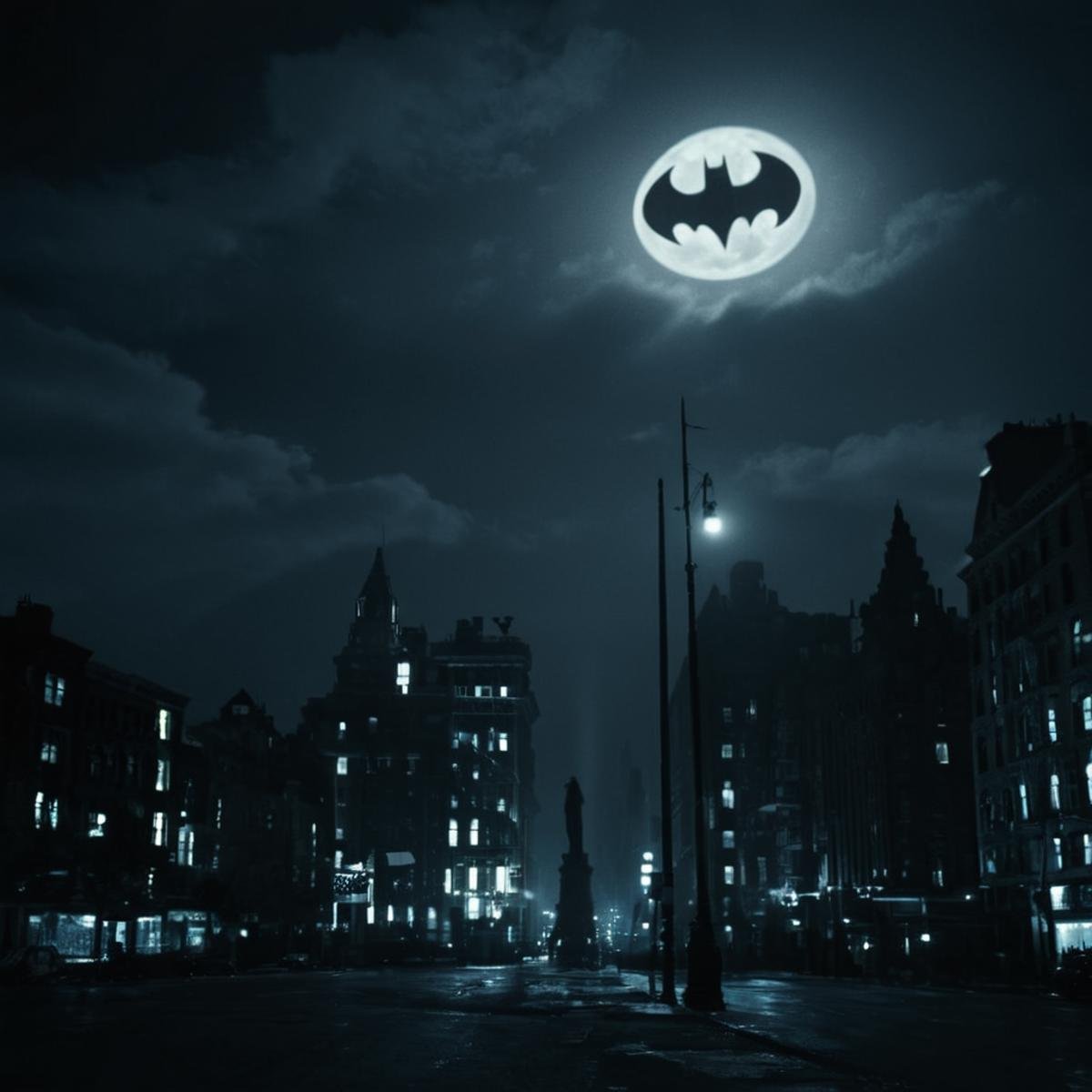 cinematic film still of  <lora:gotham city style v3:1>In Gotham City a batman signal in sky glowingis shown in a dark city,monochrome,outdoors,sky,cloud,signature,tree,no humans,night,moon,building,night sky,scenery,city,road,lamppost,street , detailed, real, different, unique, cinematic, dramatic, concept art, filmic, detailed background, detailed settings, artstation, gothic New York, gotham city style, shallow depth of field, vignette, highly detailed, high budget, bokeh, cinemascope, moody, epic, gorgeous, film grain, grainy