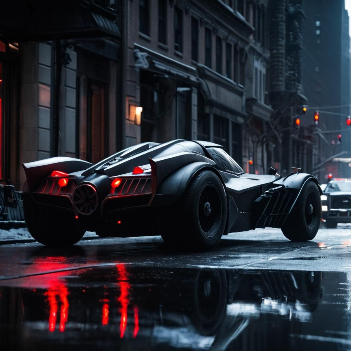 cinematic film still of  <lora:gotham city style v3:1>In Gotham City a batmobile with a red light on the back,1boy,from behind,ground vehicle,scenery,motor vehicle,reflection,science fiction,car,dark,vehicle focus , detailed, real, different, unique, cinematic, dramatic, concept art, filmic, detailed background, detailed settings, artstation, gothic New York, gotham city style, shallow depth of field, vignette, highly detailed, high budget, bokeh, cinemascope, moody, epic, gorgeous, film grain, grainy